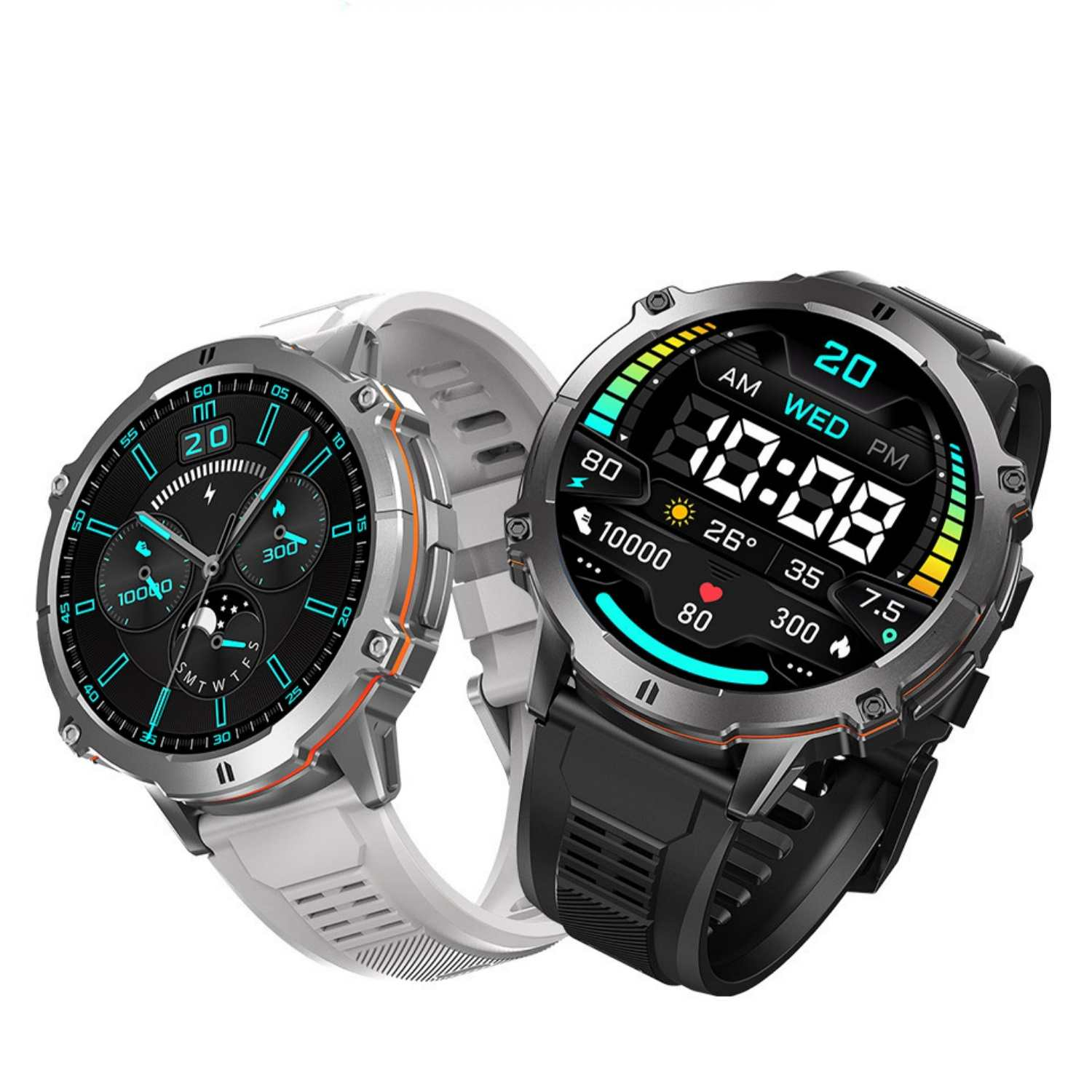 Zwei Smartwatches nebeneinander, eine weiße und eine schwarze, mit digitalen Displays.