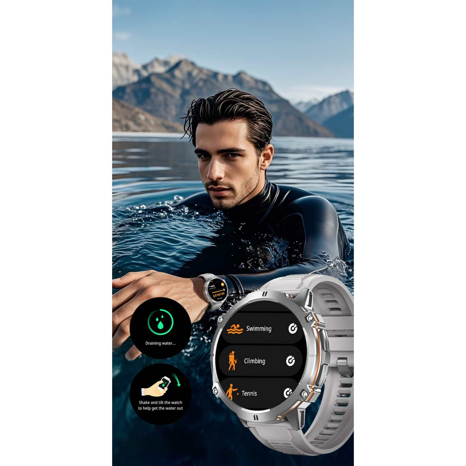 Mann im Wasser mit Smartwatch, die Trainingsmodi anzeigt.