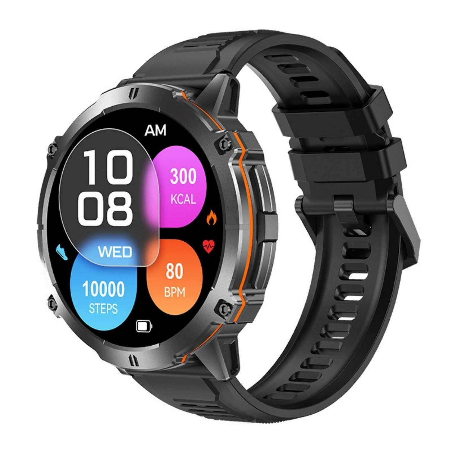 Schwarze Smartwatch mit orangefarbenen Akzenten, zeigt Uhrzeit, Schritte, Kcal und Puls.
