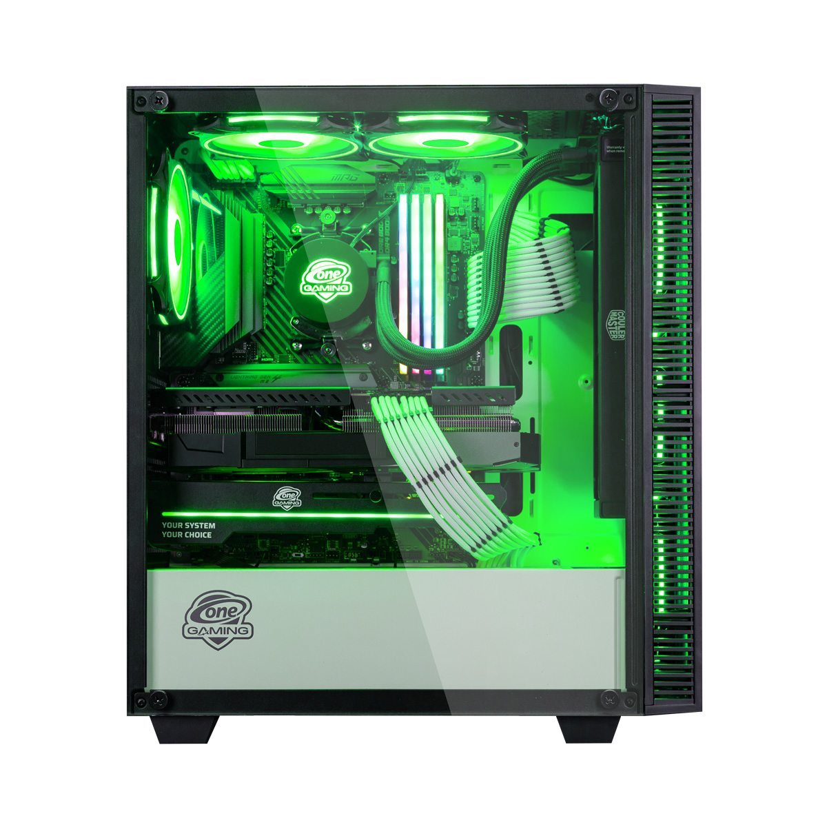 Ein Gaming-PC mit grüner LED-Beleuchtung, sichtbaren Komponenten und Glasgehäuse.