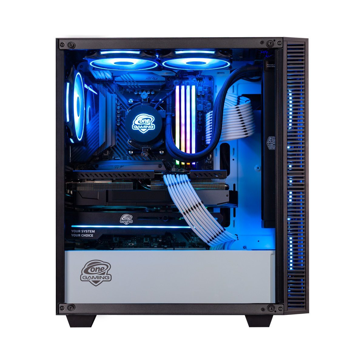 Ein beleuchteter Gaming-PC mit blauen Lüftern, RGB-RAM und Kabelmanagement.