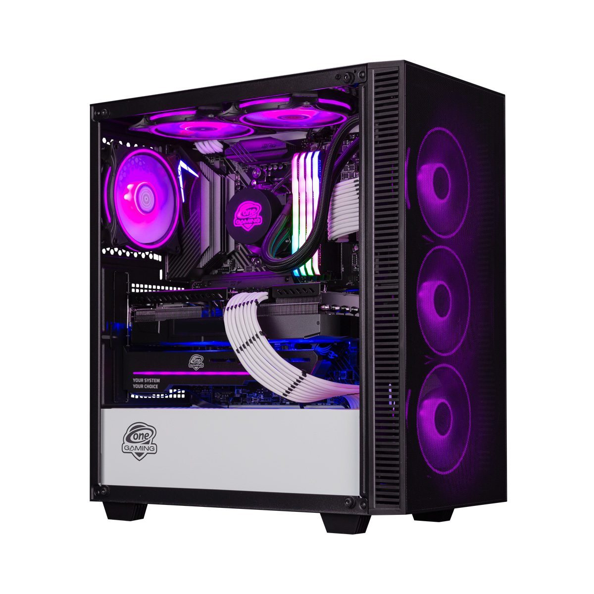 Ein schwarzer Gaming-PC mit lila LED-Beleuchtung, geöffnetem Gehäuse und sichtbaren Komponenten.