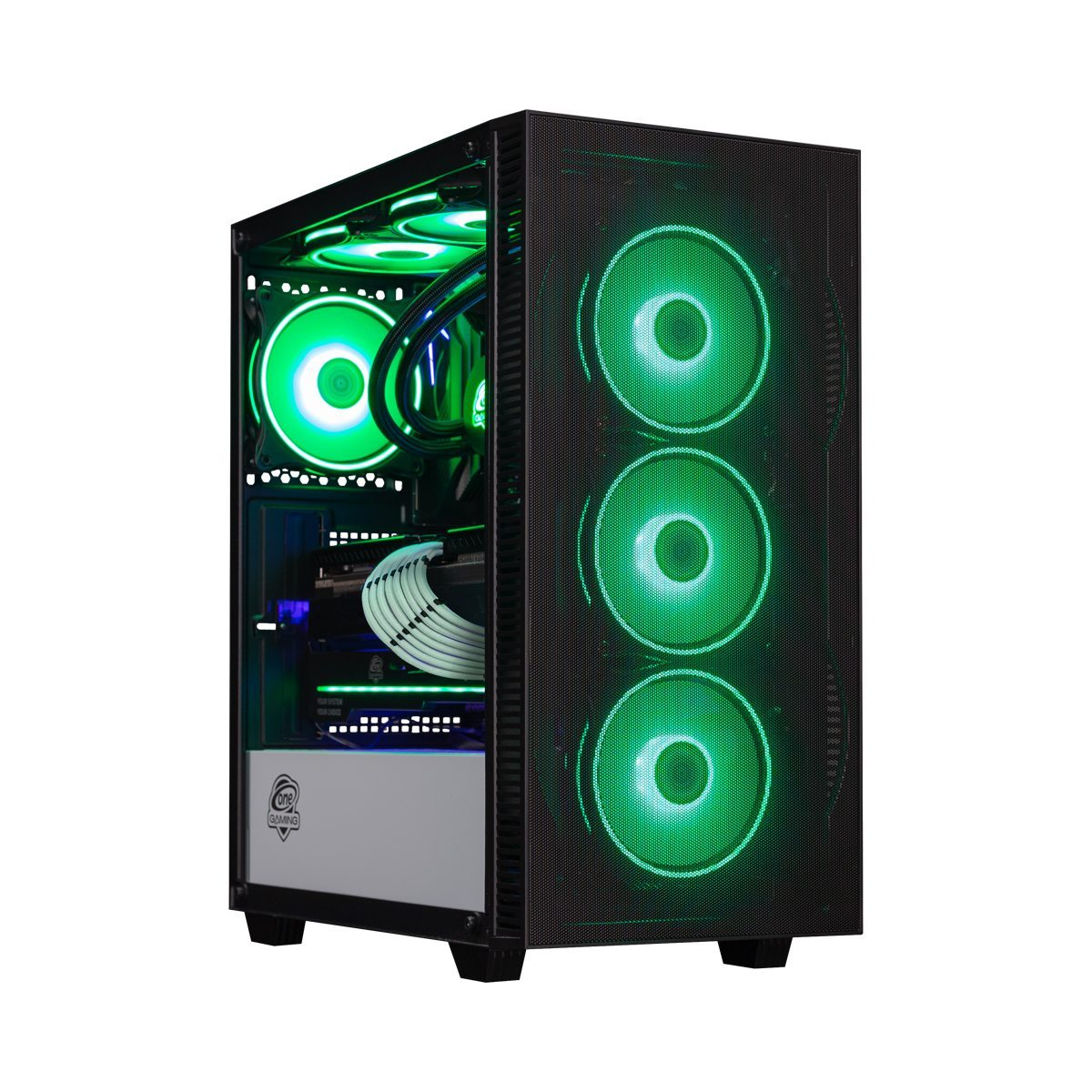 Ein schwarzes PC-Gehäuse mit drei beleuchteten grünen Lüftern vorne und innen.