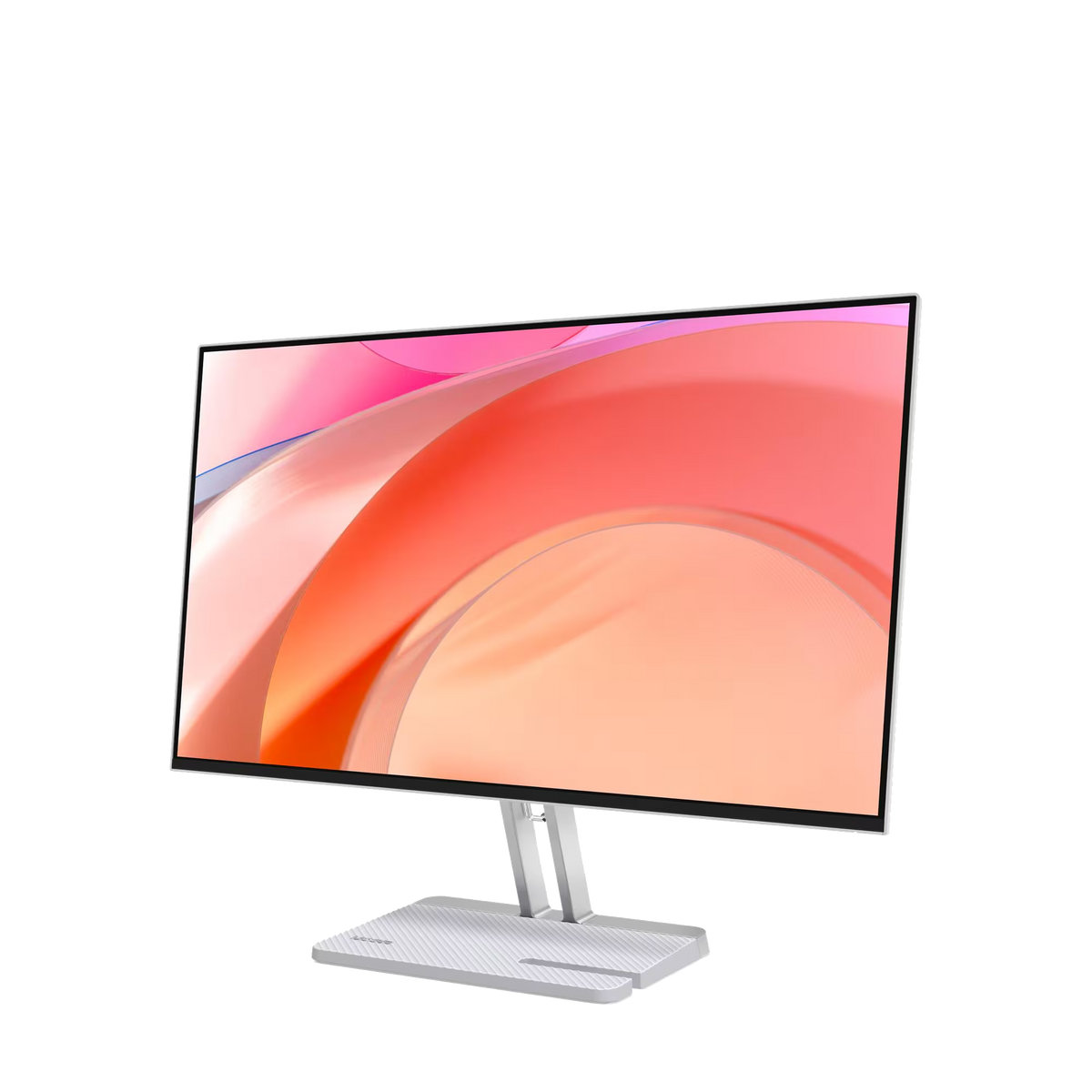 A silver monitor with a sleek design displays a colorful abstract wallpaper.