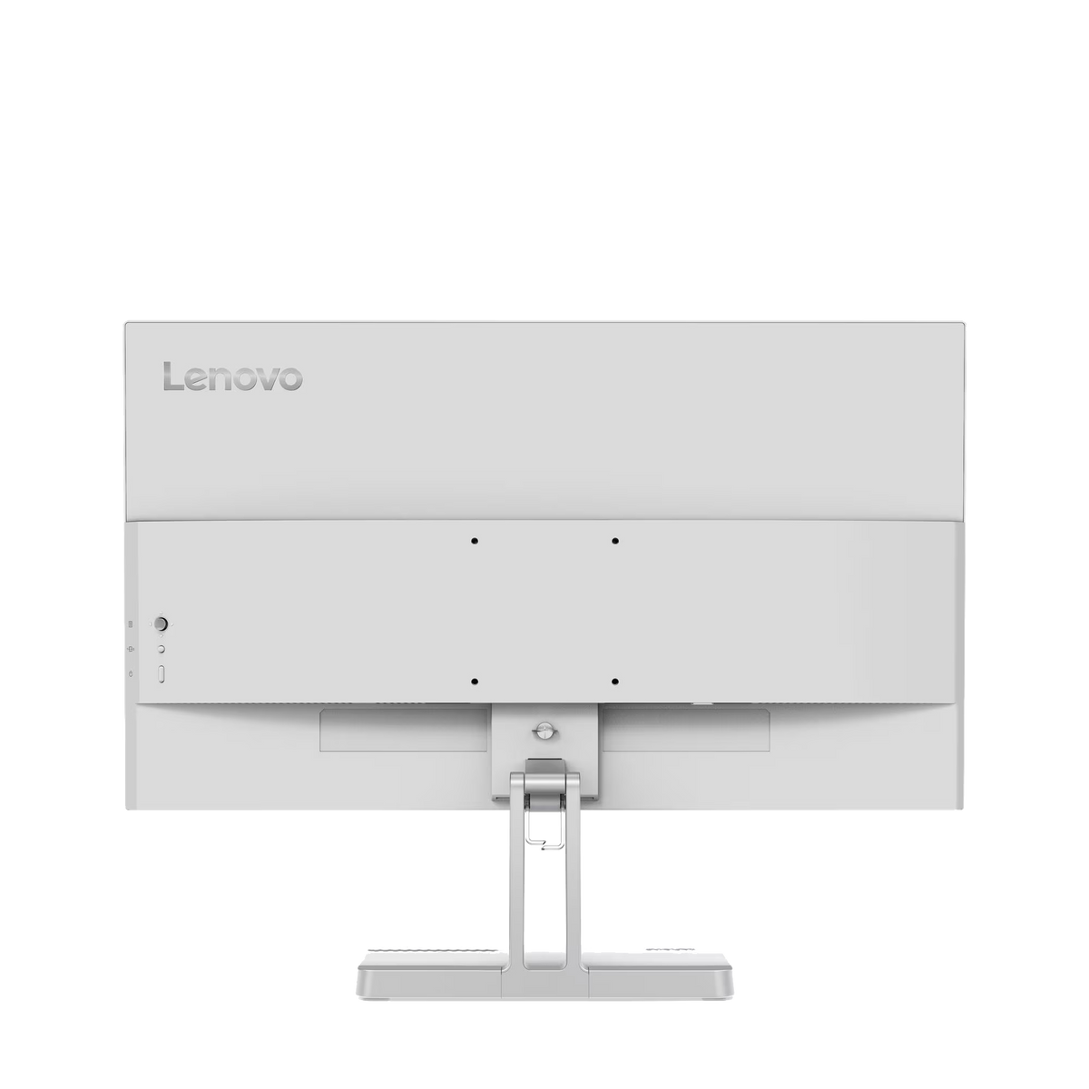 Back view of a white Lenovo monitor with ports on the side.