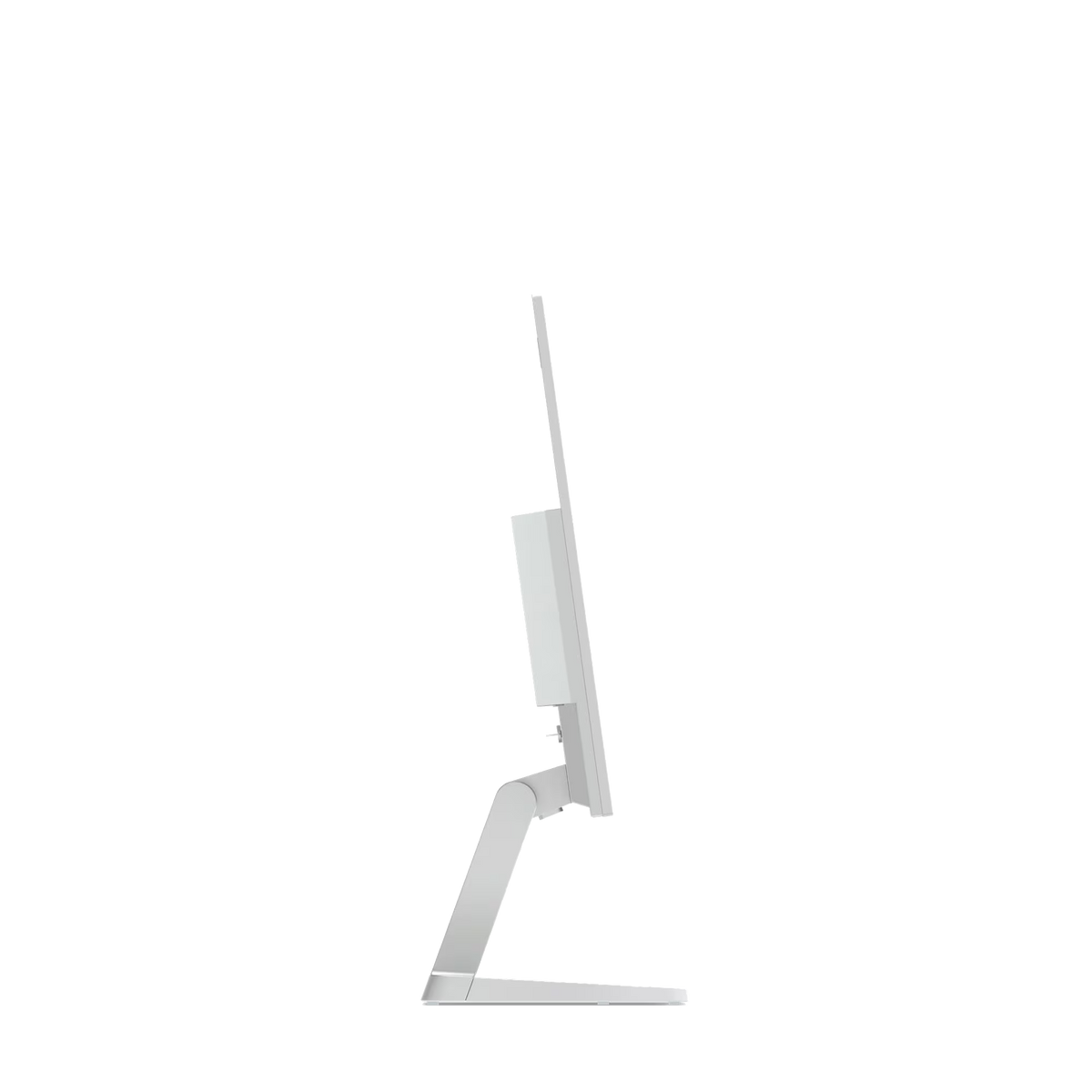 A white computer monitor with a sleek design, viewed from the side.