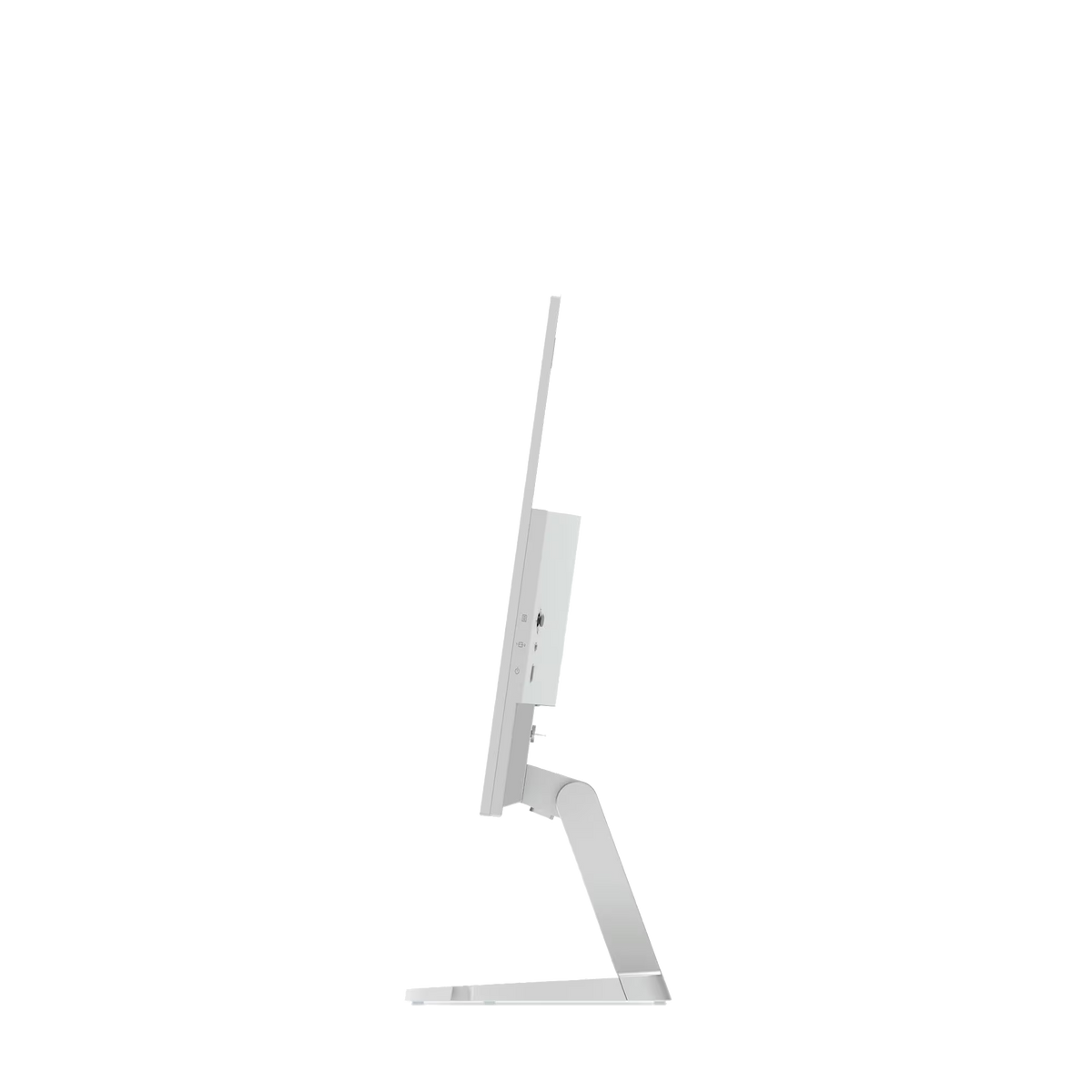 A white computer monitor with a silver stand, viewed from the side.