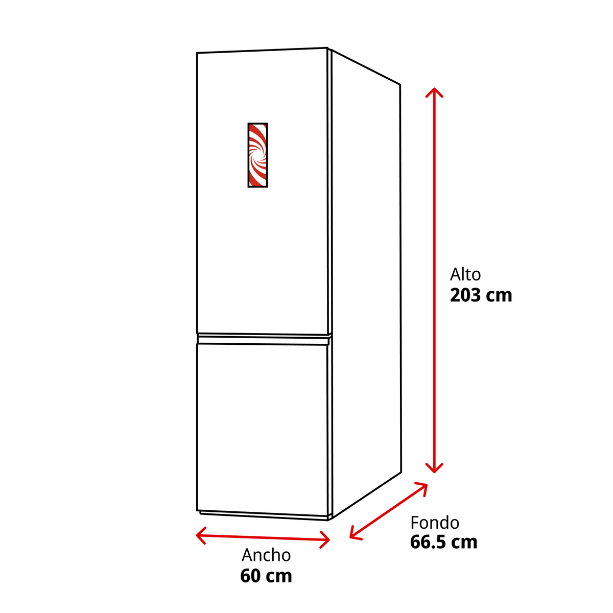 Refrigerador blanco con espiral roja, medidas 203x60x66,5 cm.