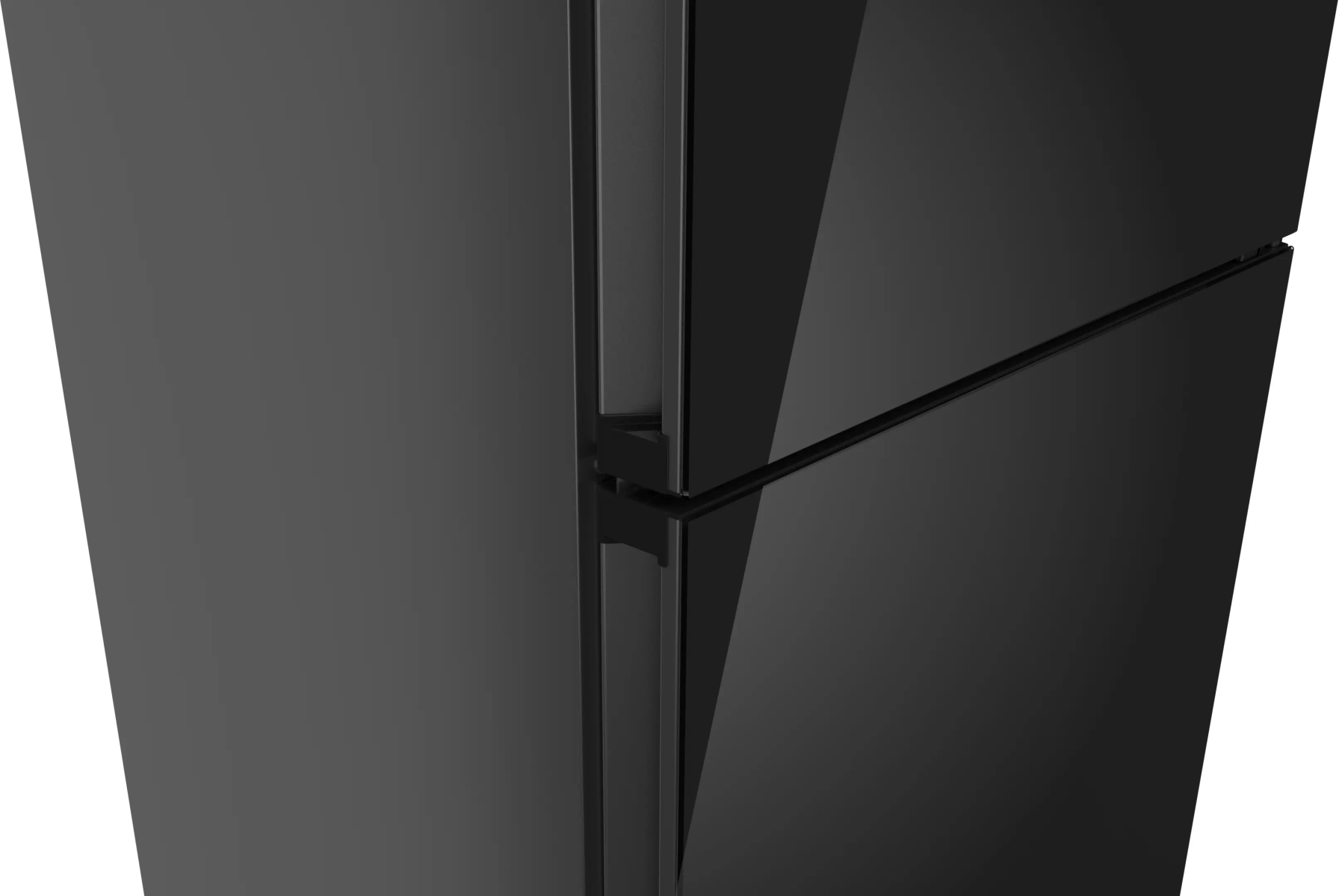 Primer plano de la puerta de un frigorífico moderno y negro con acabado liso.