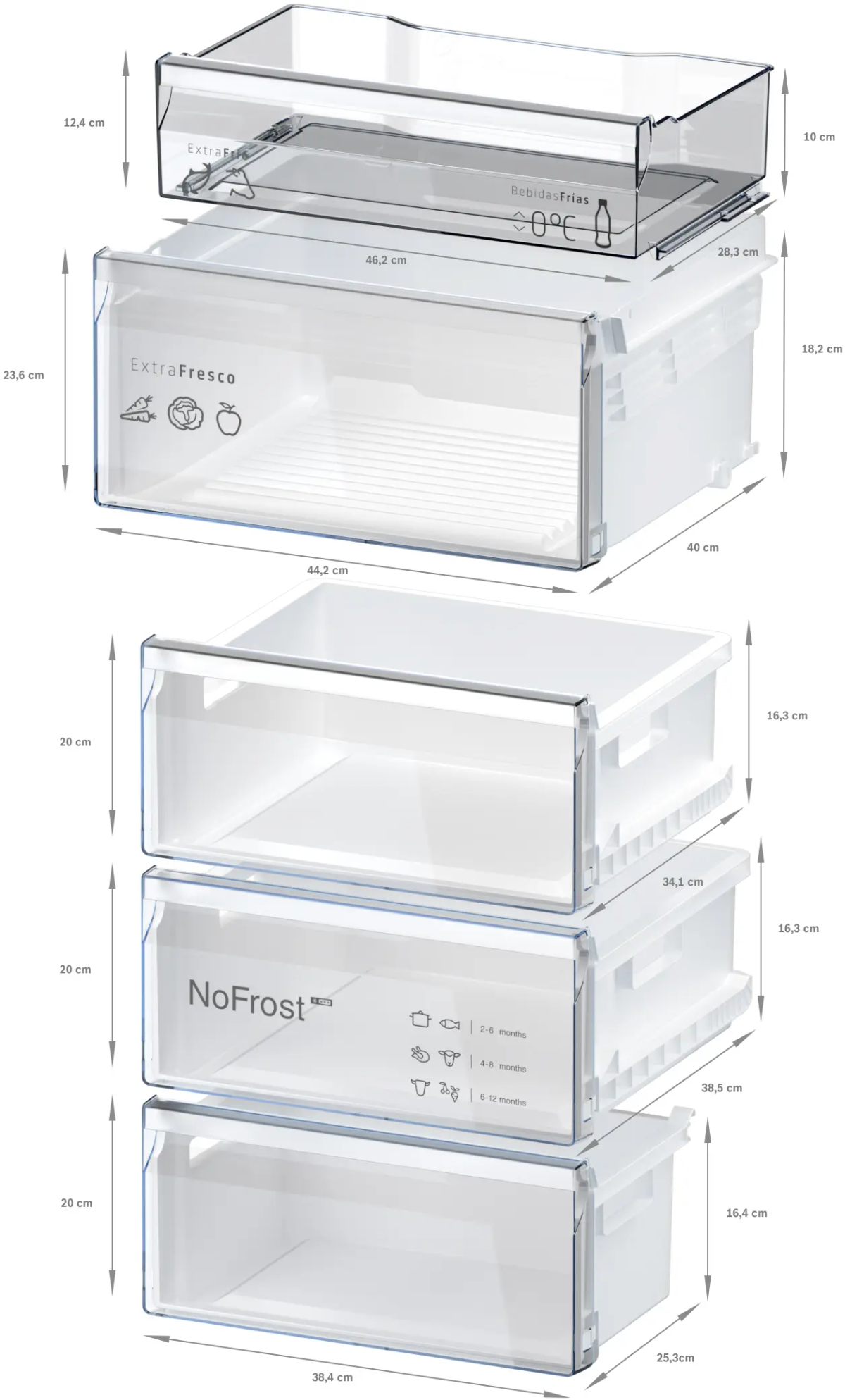Cajones de frigorífico con dimensiones: superior 46,2x28,3x10cm, debajo 44,2x40x23,6cm, luego 34,1x38,5x16,3cm y dos de 38,4x25,3x16,4cm.