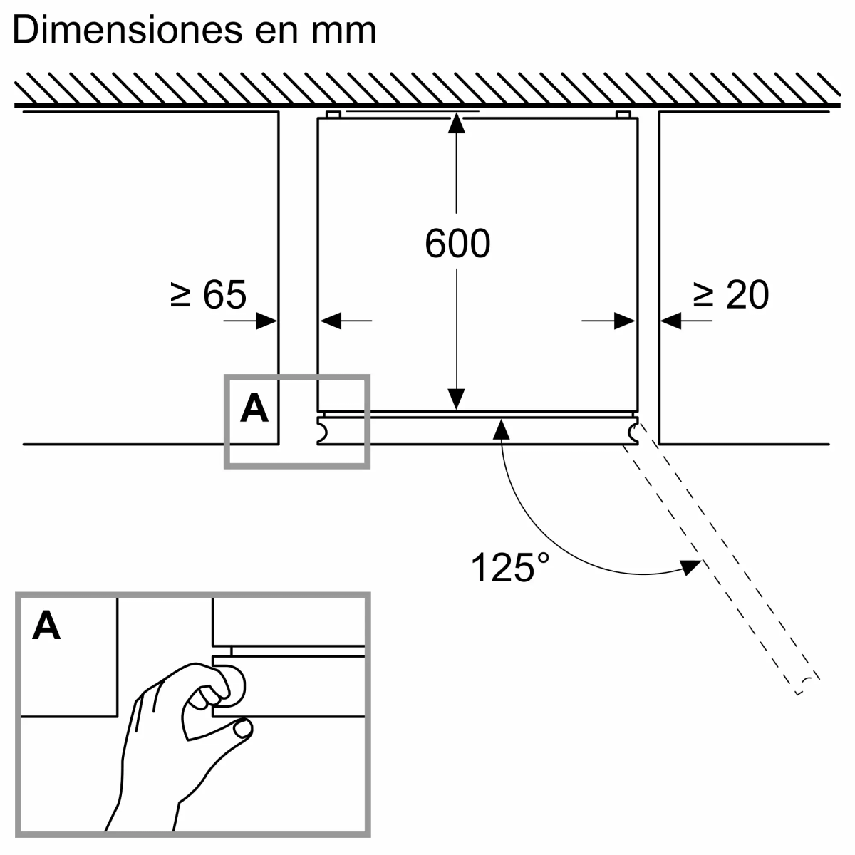 Dibujo técnico con dimensiones en mm. Detalles de instalación.