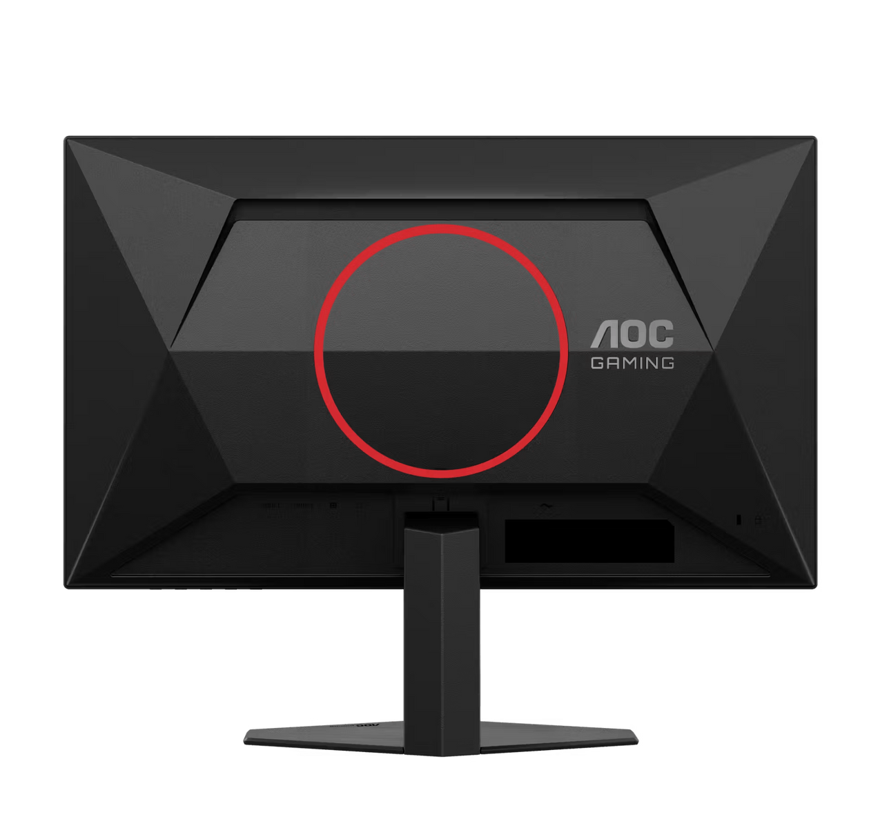 Back of a black AOC gaming monitor with red circle around logo.