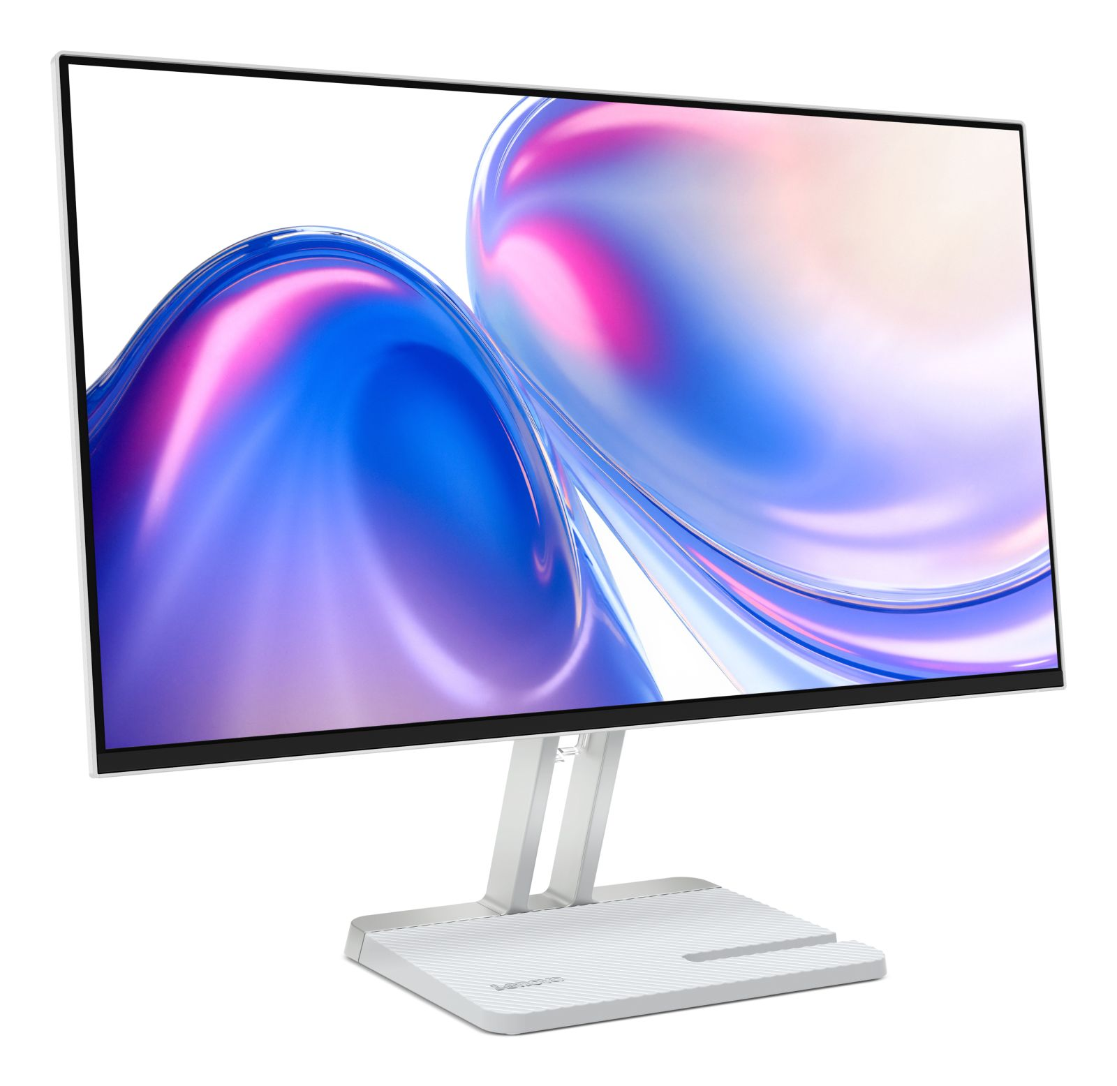 Ein moderner Monitor mit einem abstrakten, flüssigen Hintergrund in Blau- und Pinktönen.