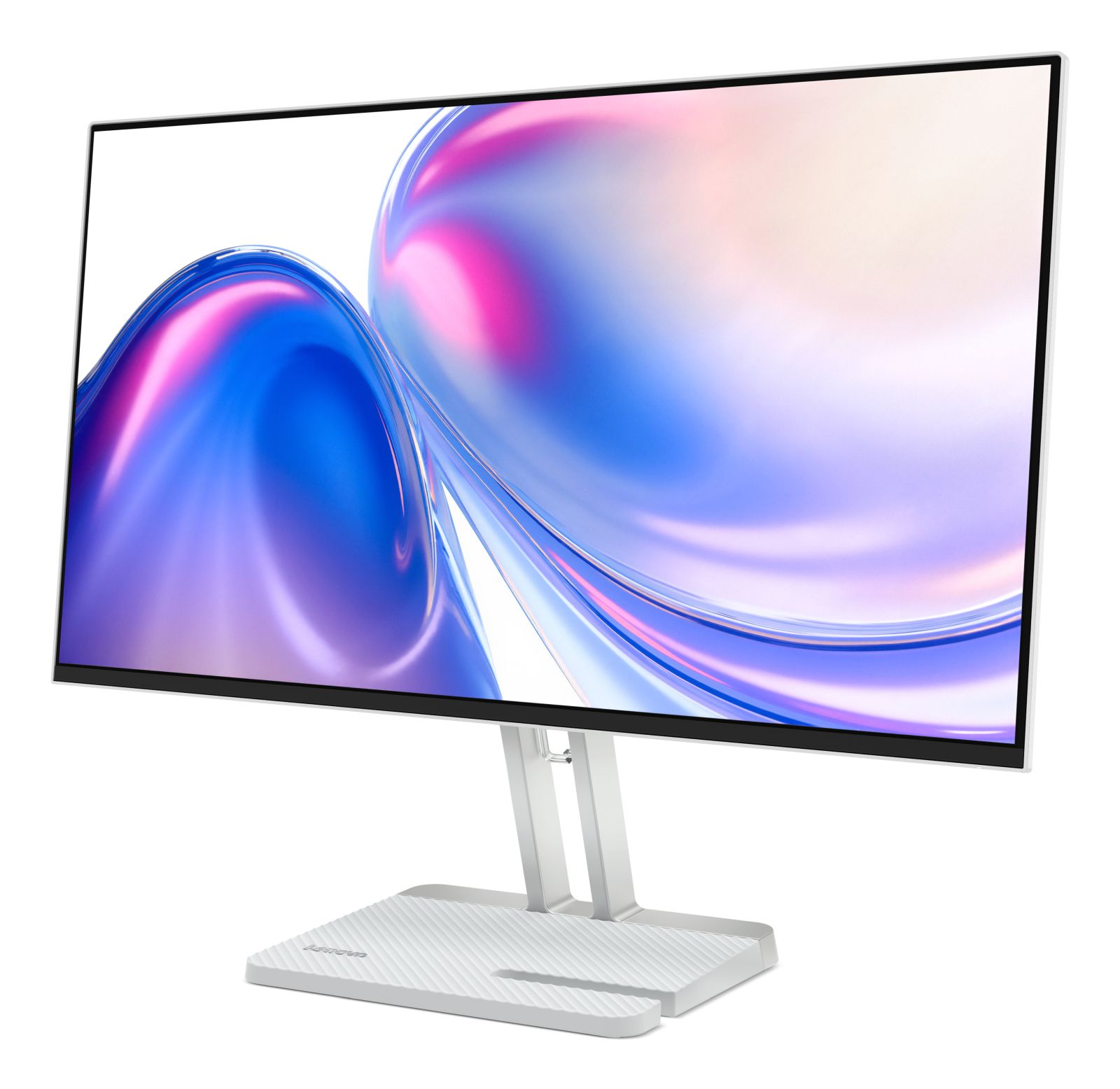 Ein schlanker weißer Monitor mit einem bunten, fließenden Muster auf dem Bildschirm.