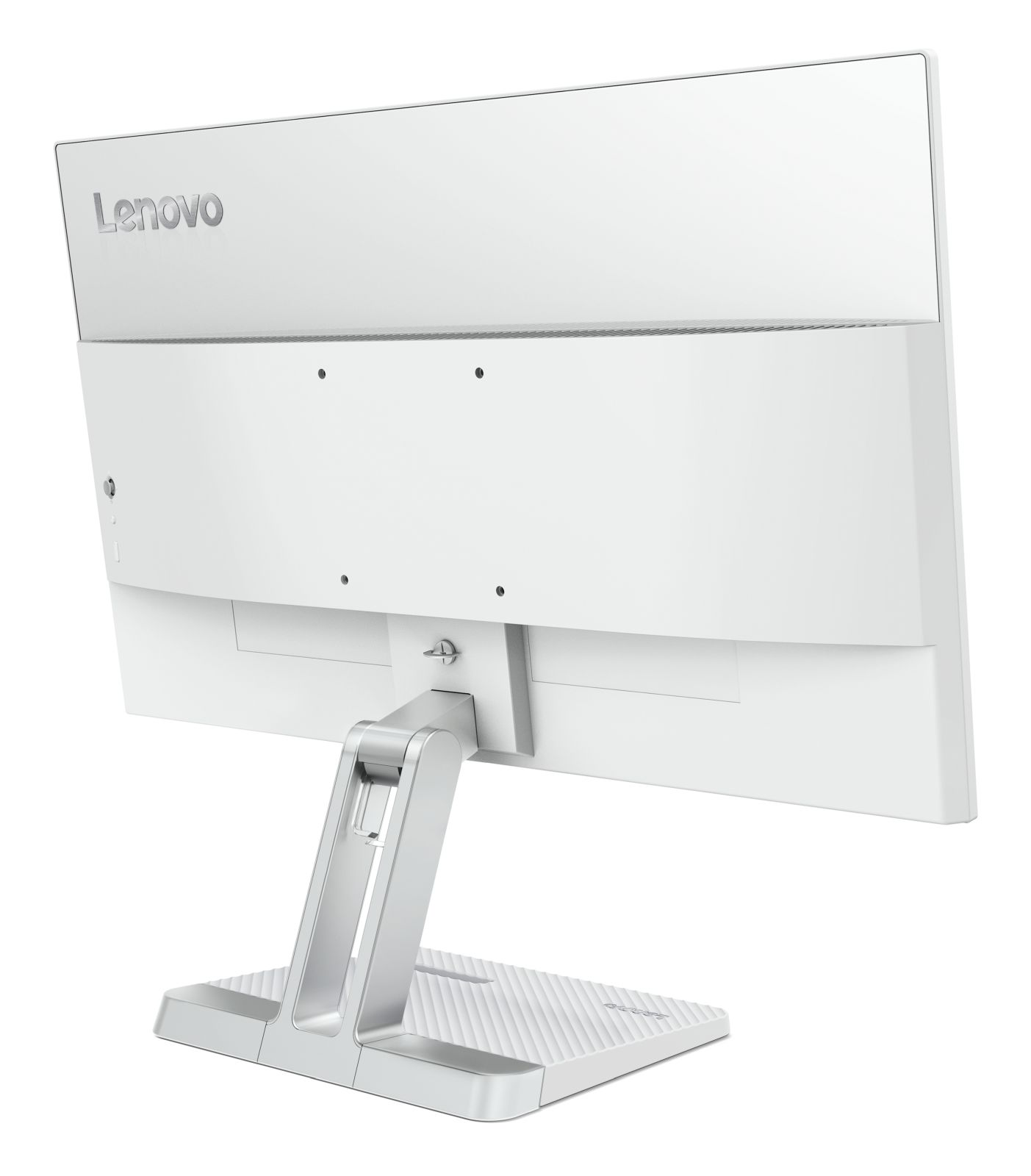 Rückansicht eines weißen Lenovo Monitors mit silbernem Standfuß.