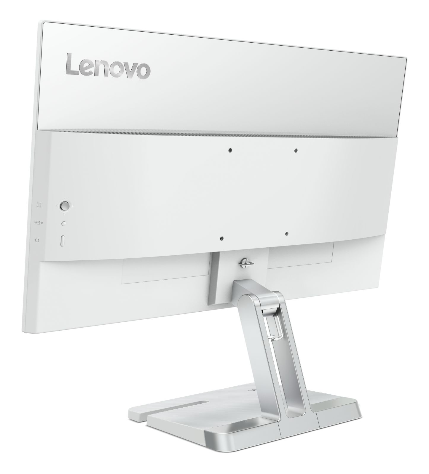 Rückseite eines weißen Lenovo Monitors mit silbernem Standfuß und Anschlüssen.