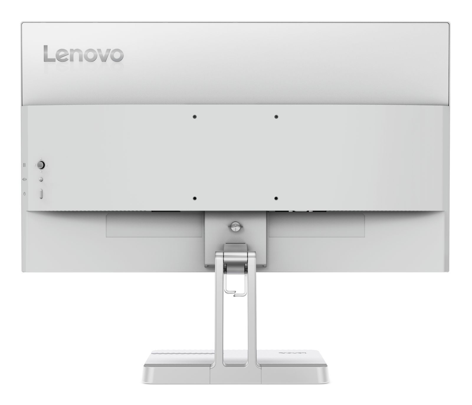 Rückseite eines weißen Lenovo Monitors mit Anschlüssen und silbernem Standfuß.