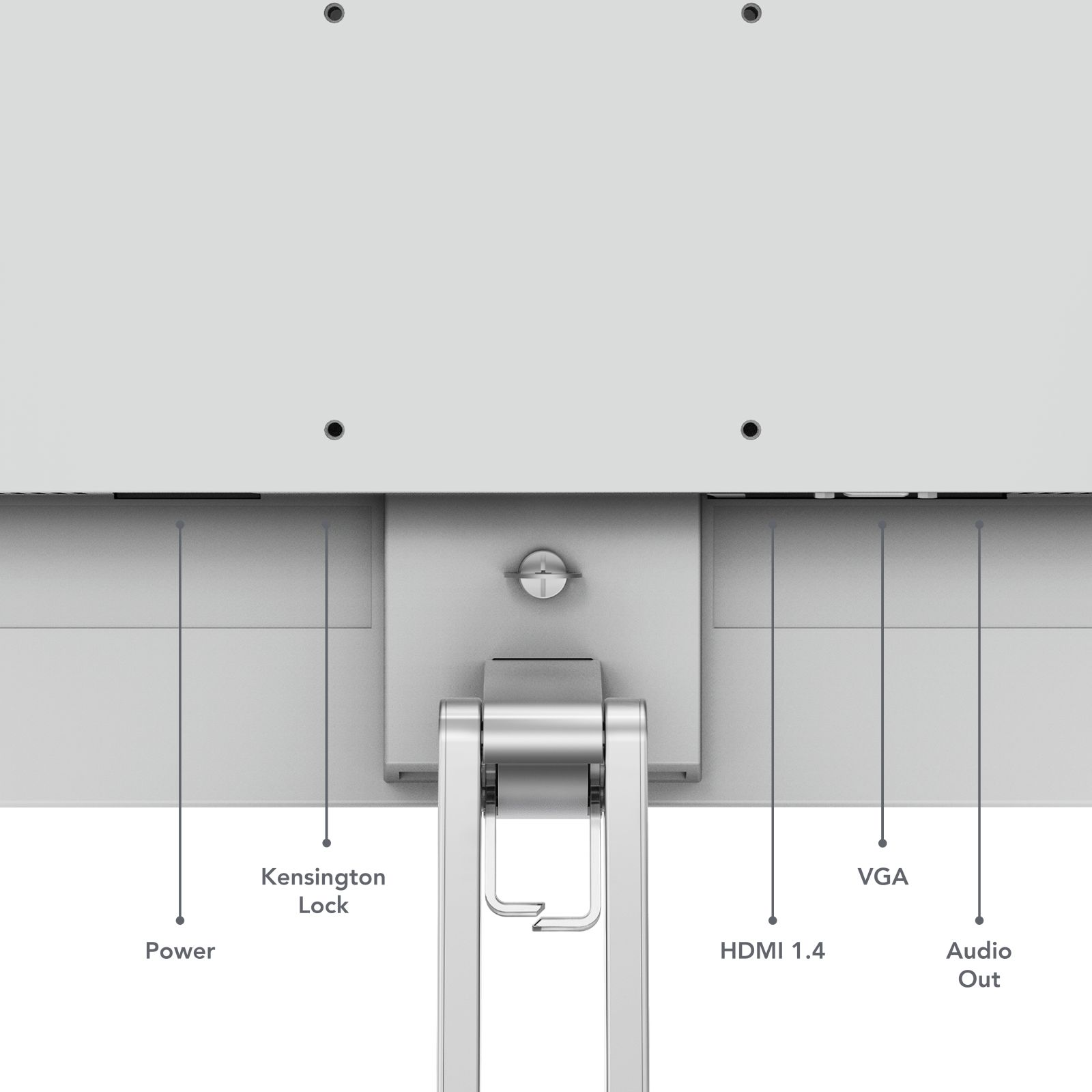 Anschlussleiste: Strom, Kensington Lock, HDMI 1.4, VGA, Audio Out.