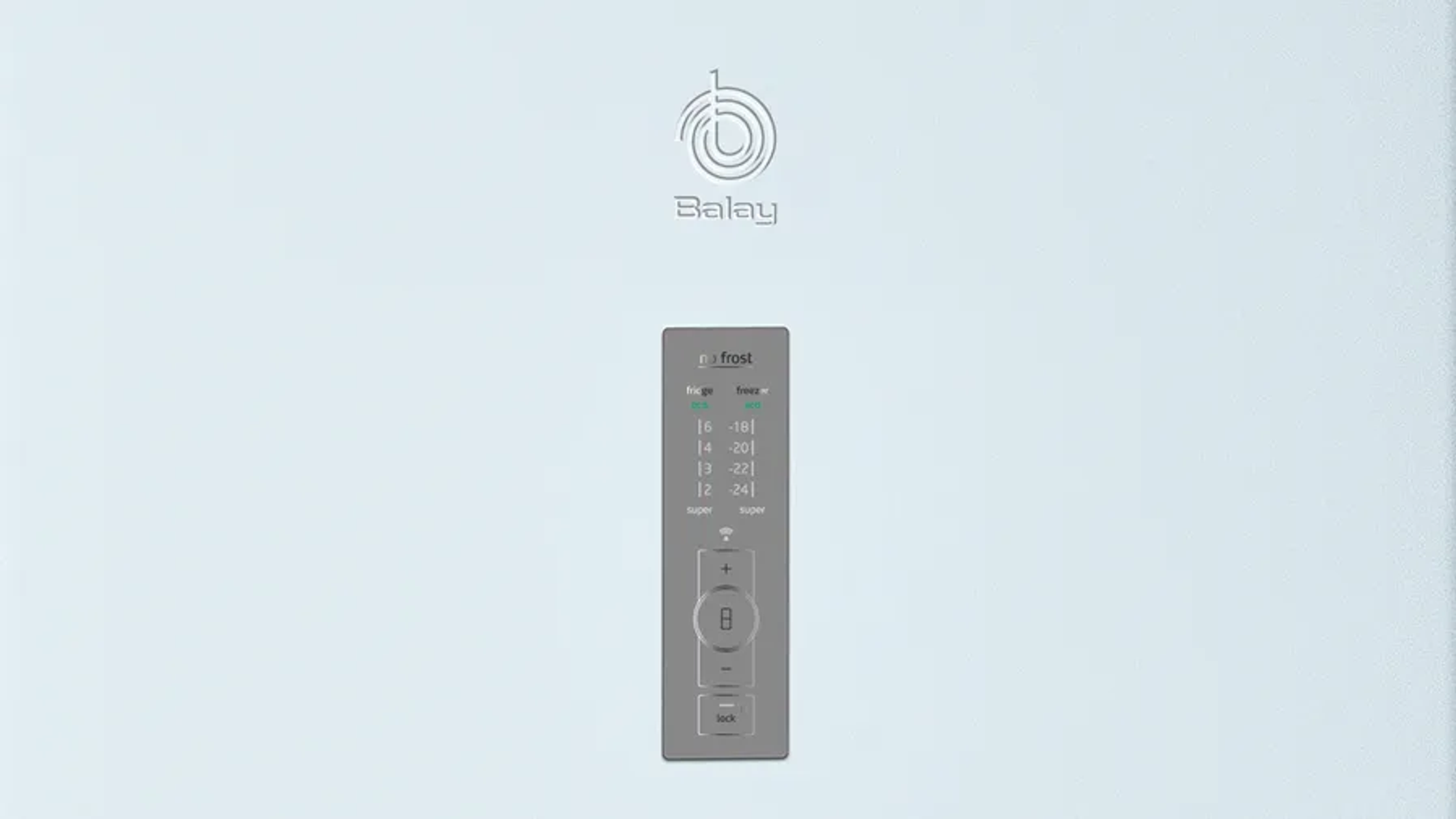 Logotipo de Balay y panel de control gris con indicadores de temperatura para refrigerador y congelador.