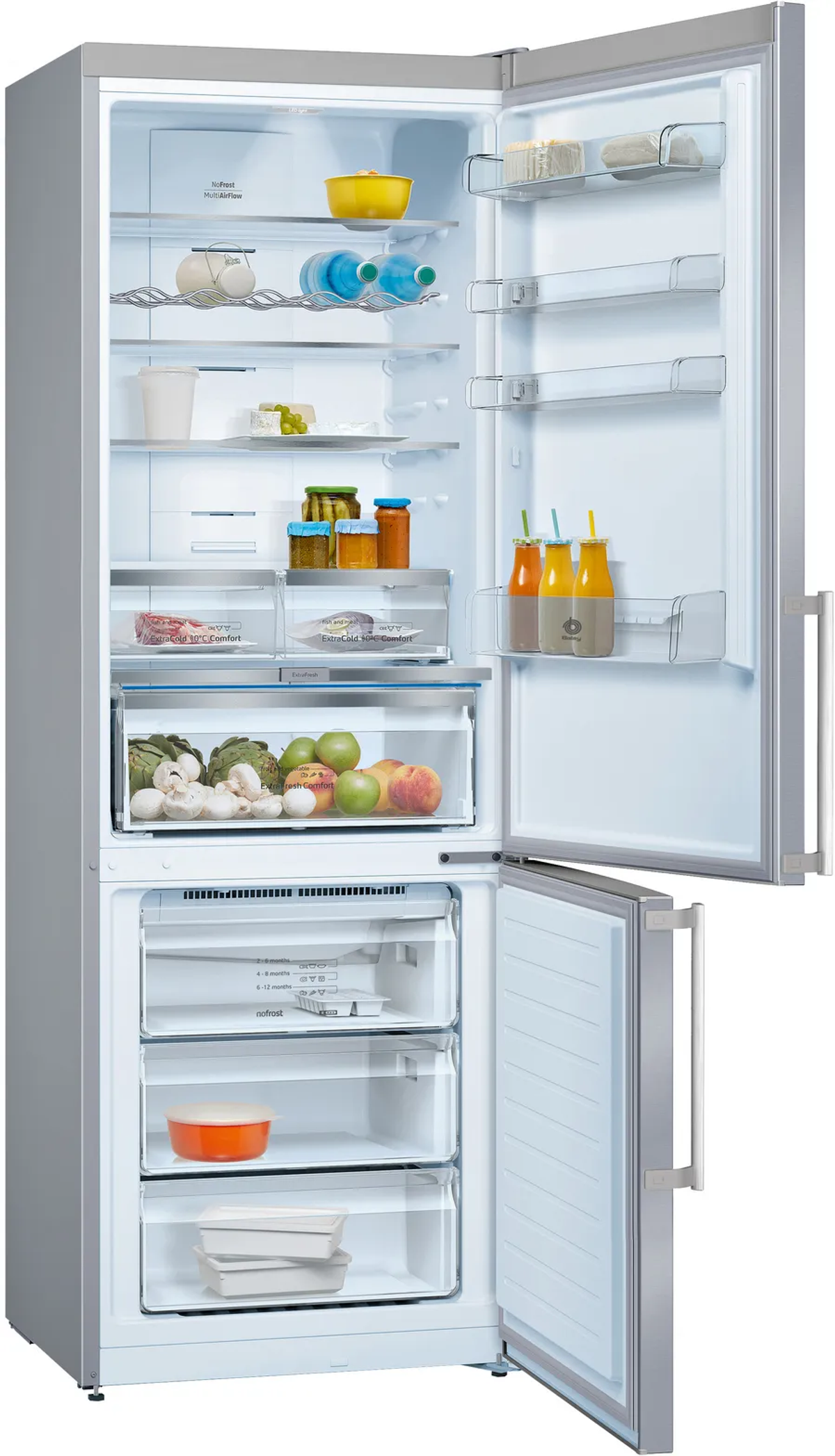 Un refrigerador abierto con alimentos y cajones.