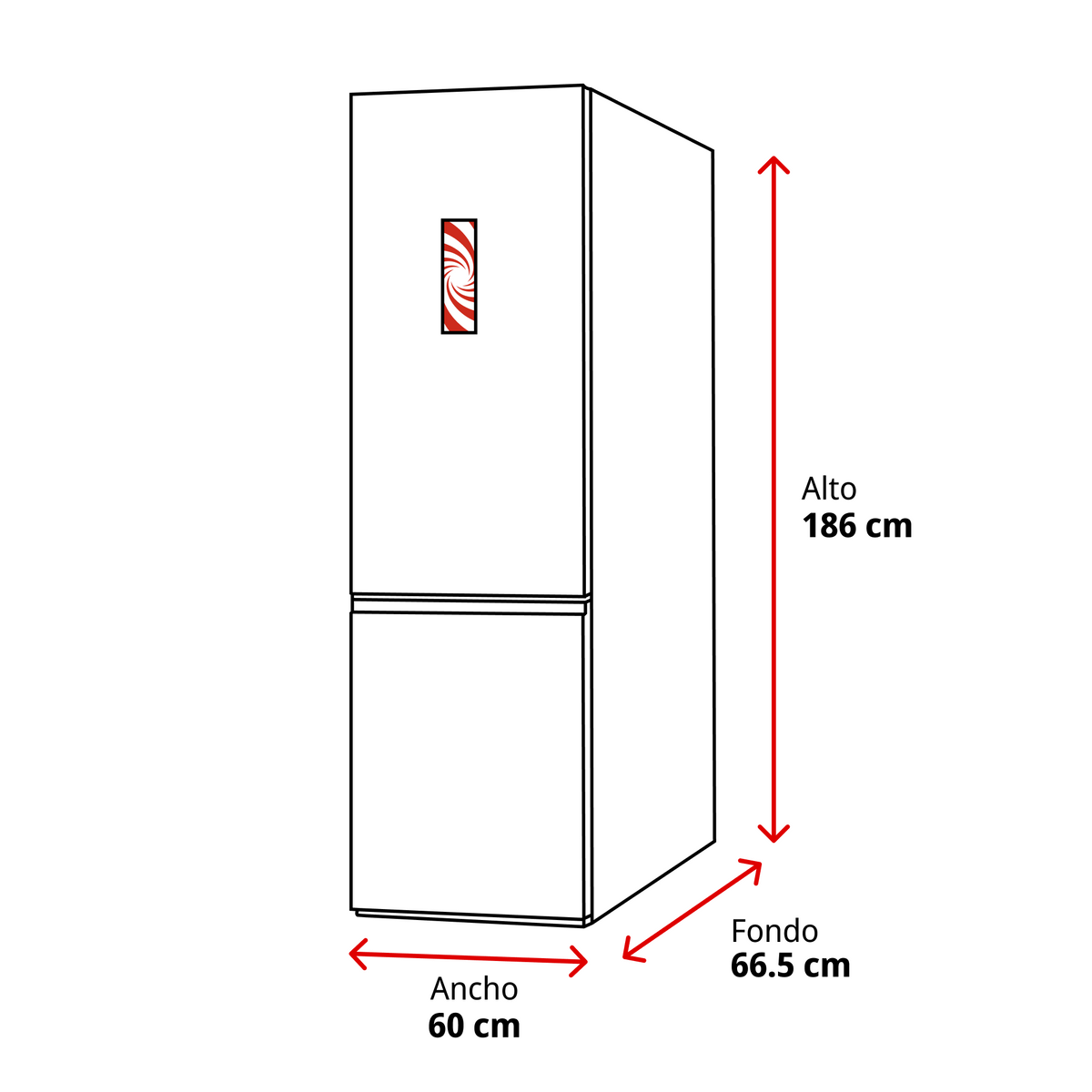 Un frigorífico con dimensiones: Alto 186 cm, Ancho 60 cm, Fondo 66,5 cm.