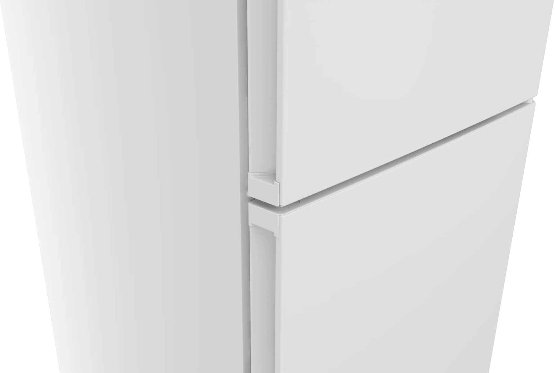 Puerta de refrigerador blanca con manijas y compartimentos.
