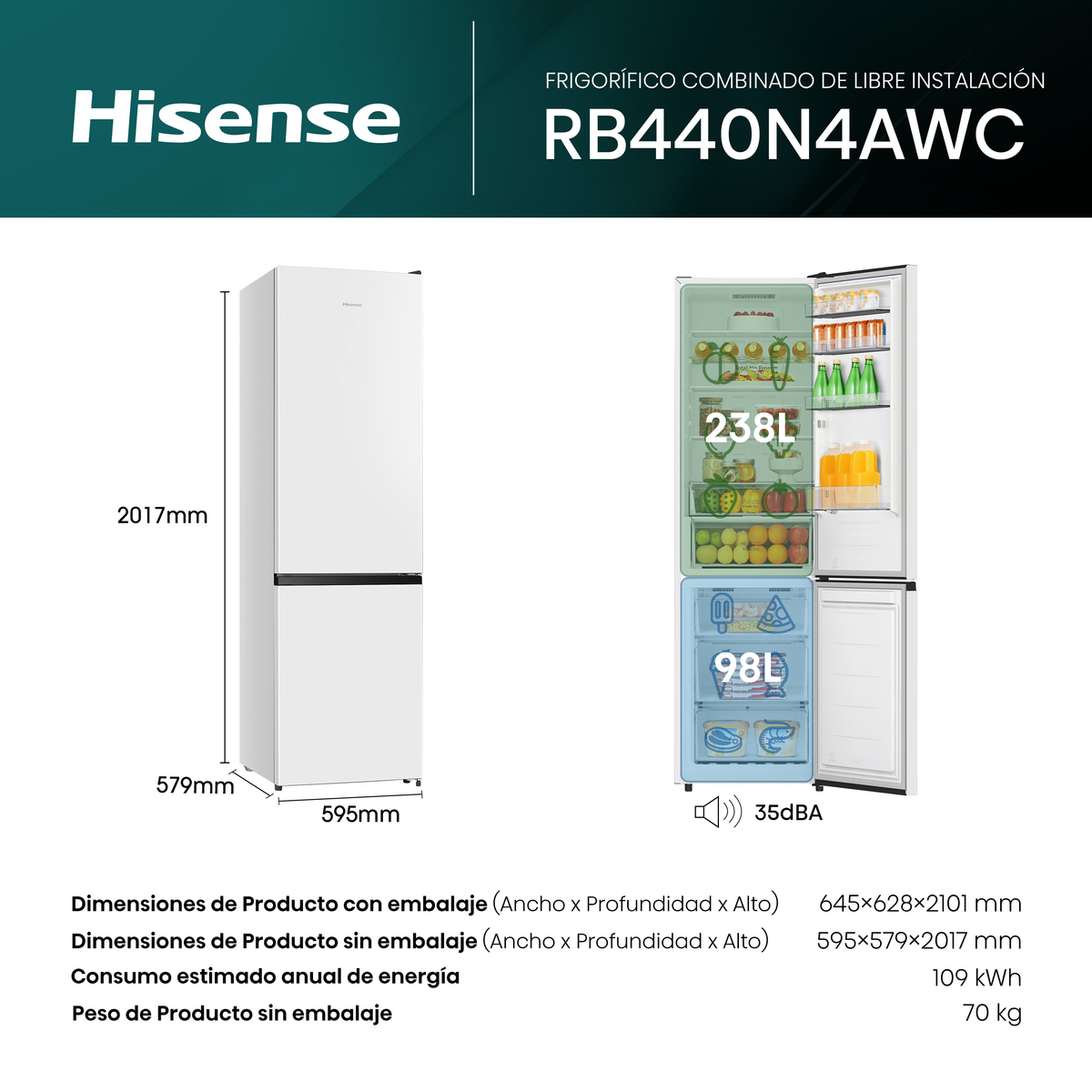 Un refrigerador Hisense blanco con la puerta abierta mostrando el contenido. Dimensiones dadas.