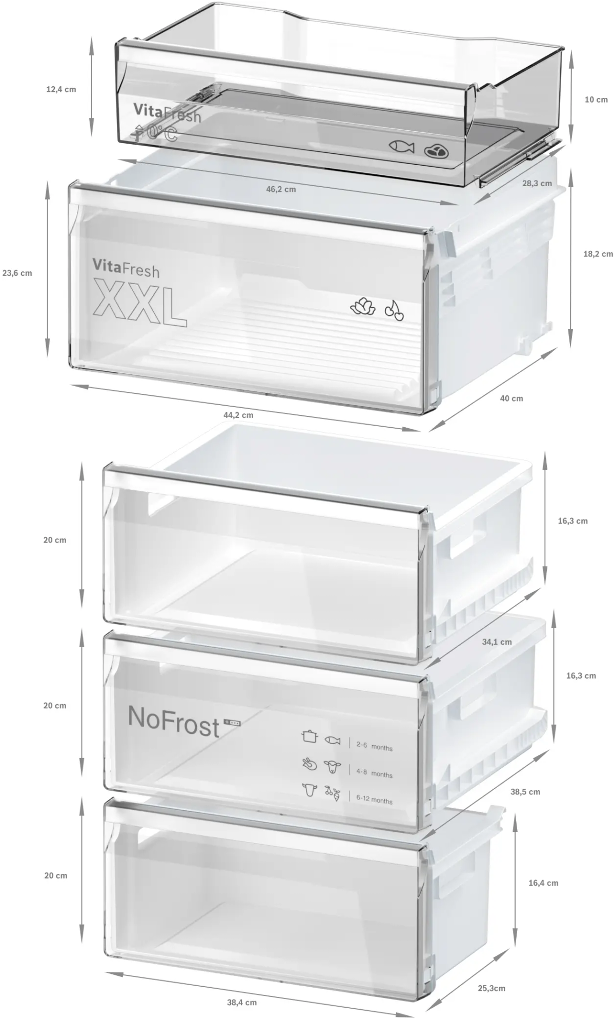 Cajones de refrigerador con dimensiones: cajón VitaFresh XXL arriba, 3 cajones NoFrost.