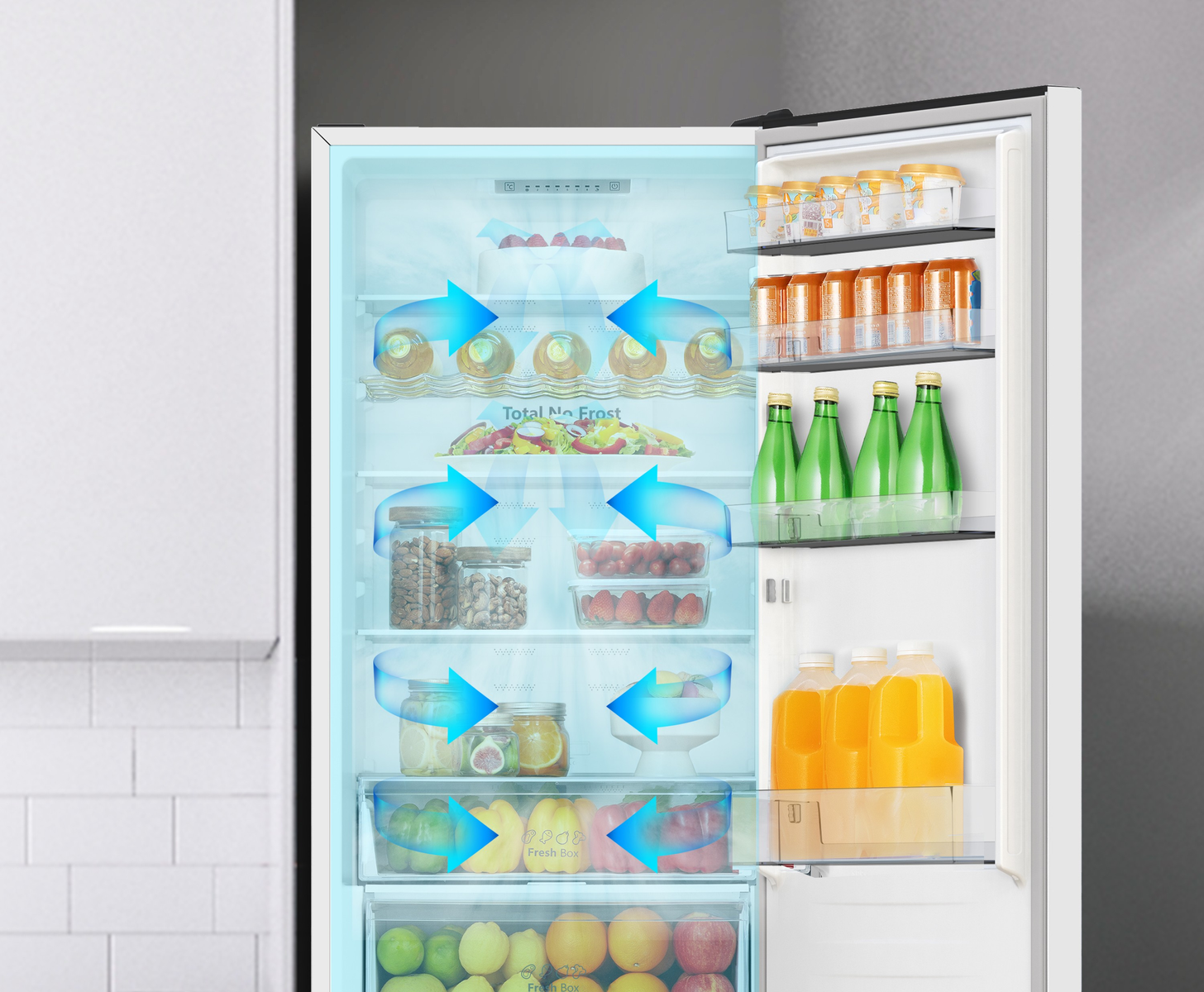 Refrigerador abierto con alimentos y flechas azules de flujo de aire.