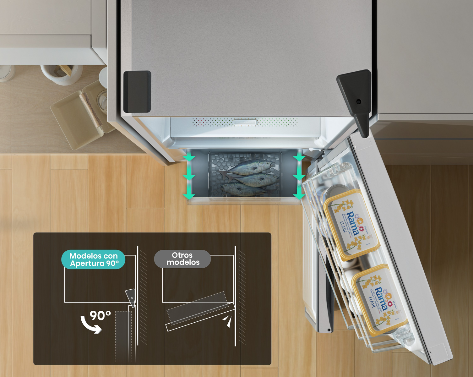 Un refrigerador con un compartimento abierto que muestra pescado y recipientes de mantequilla.