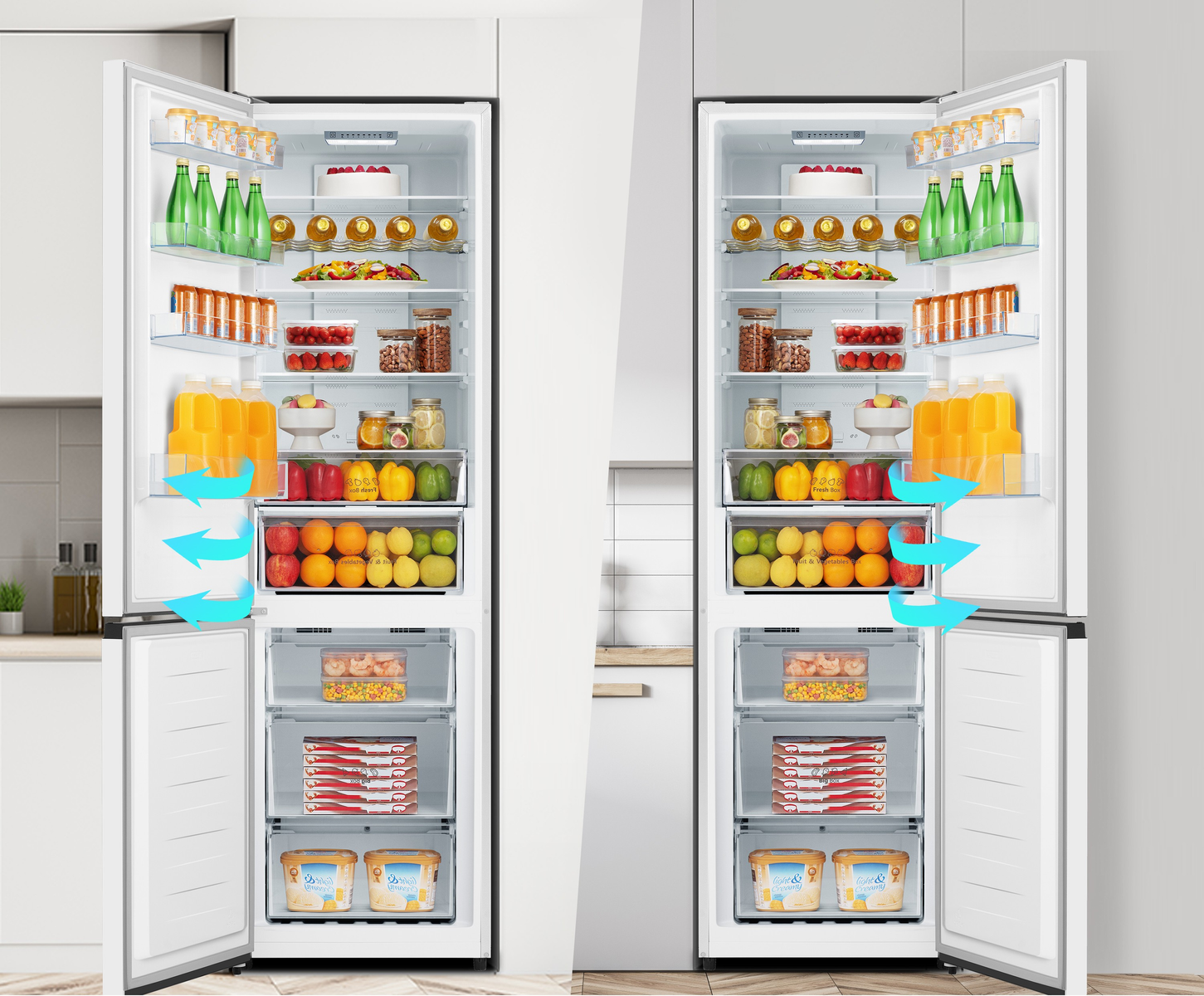 Dos refrigeradores abiertos llenos de comida. Flechas azules indican circulación de aire.