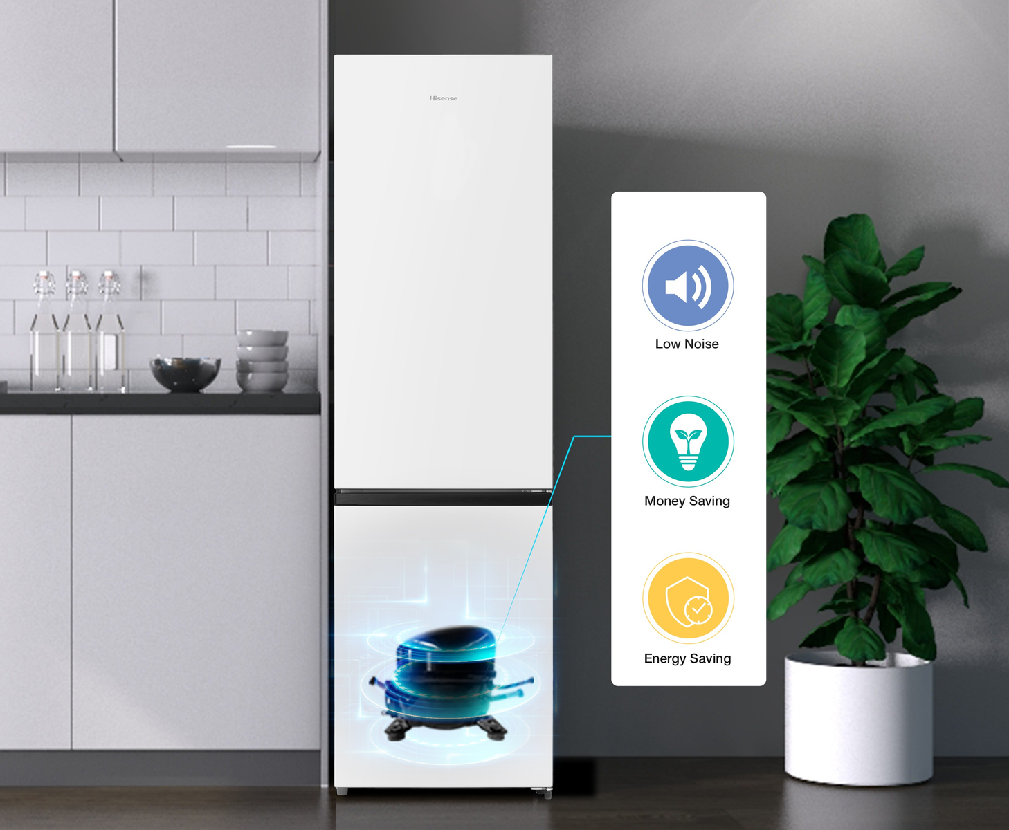 Un refrigerador Hisense blanco con compresor, "Bajo Ruido", "Ahorro de Dinero", "Ahorro de Energía".