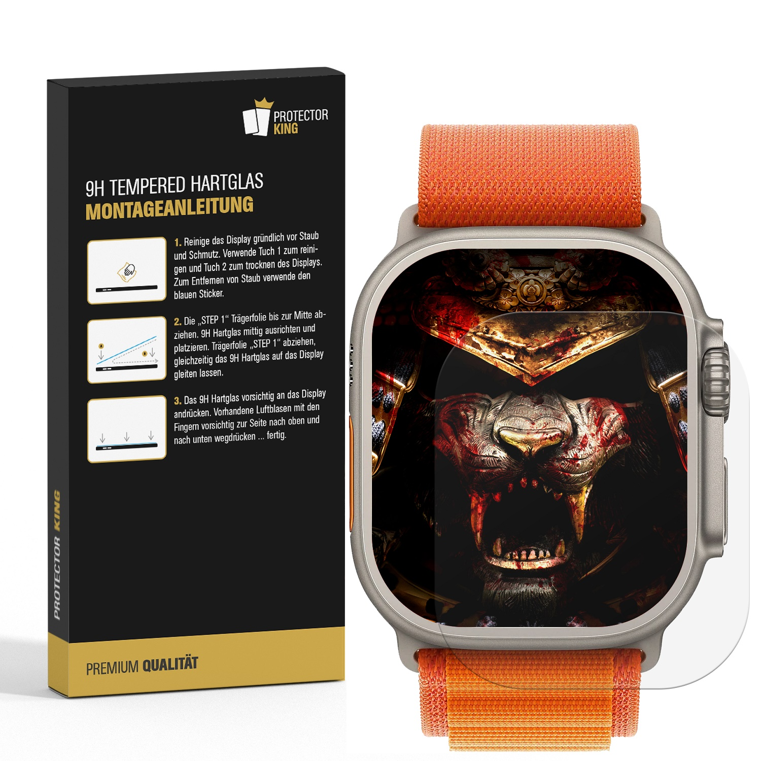 Smartwatch mit orangem Band und Anleitung für Displayschutzfolie von Protector King.