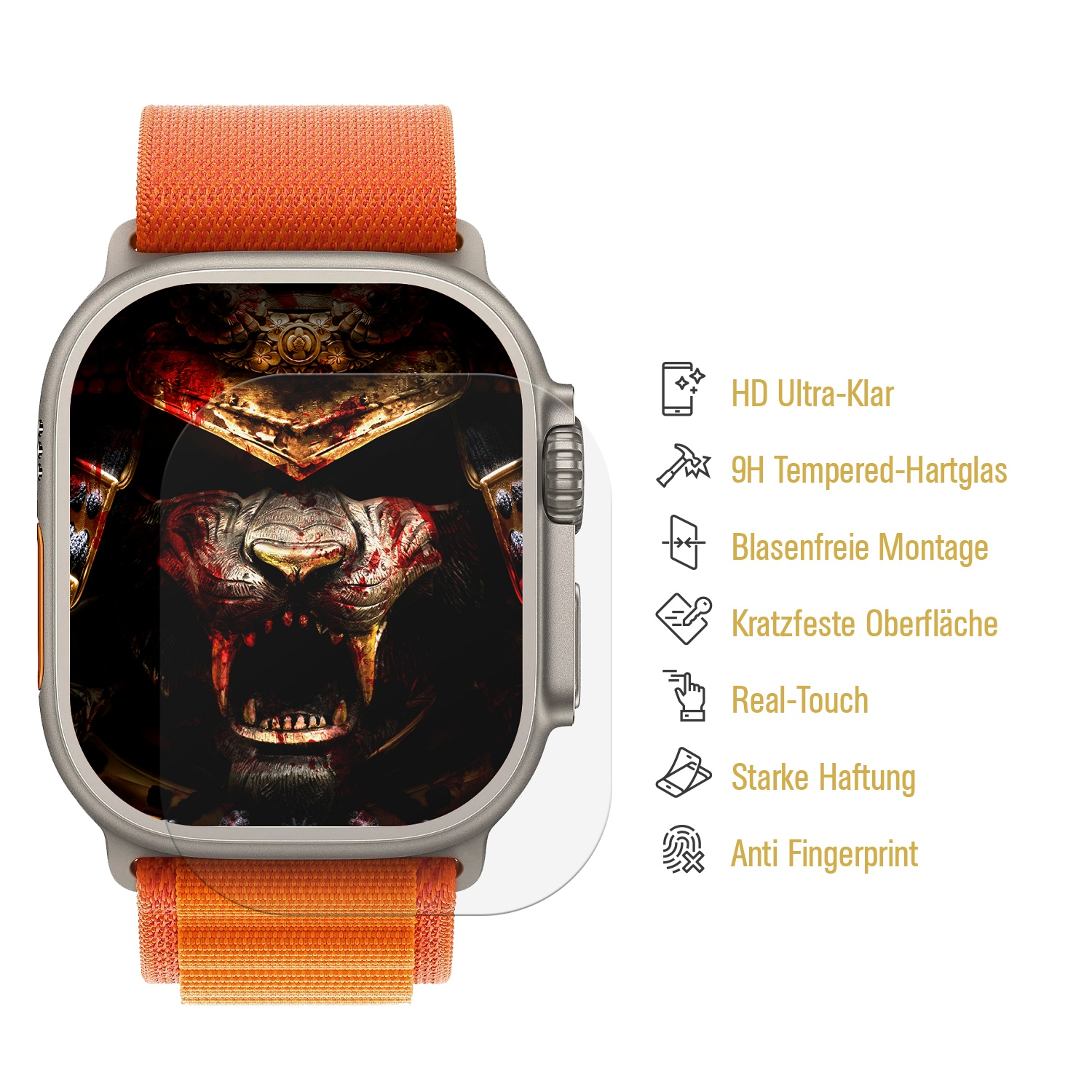 Smartwatch mit orangefarbenem Band und Display eines blutigen Tigers im Samurai-Helm.