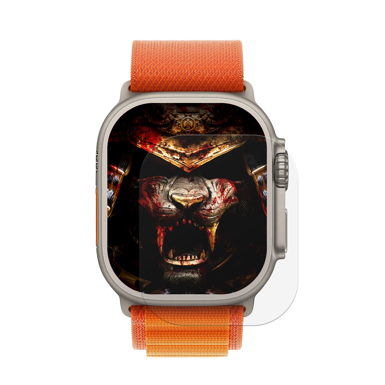 Smartwatch mit orangefarbenem Band und einem Bild eines wütenden, blutigen Wolfskopfes in Samurai-Rüstung.