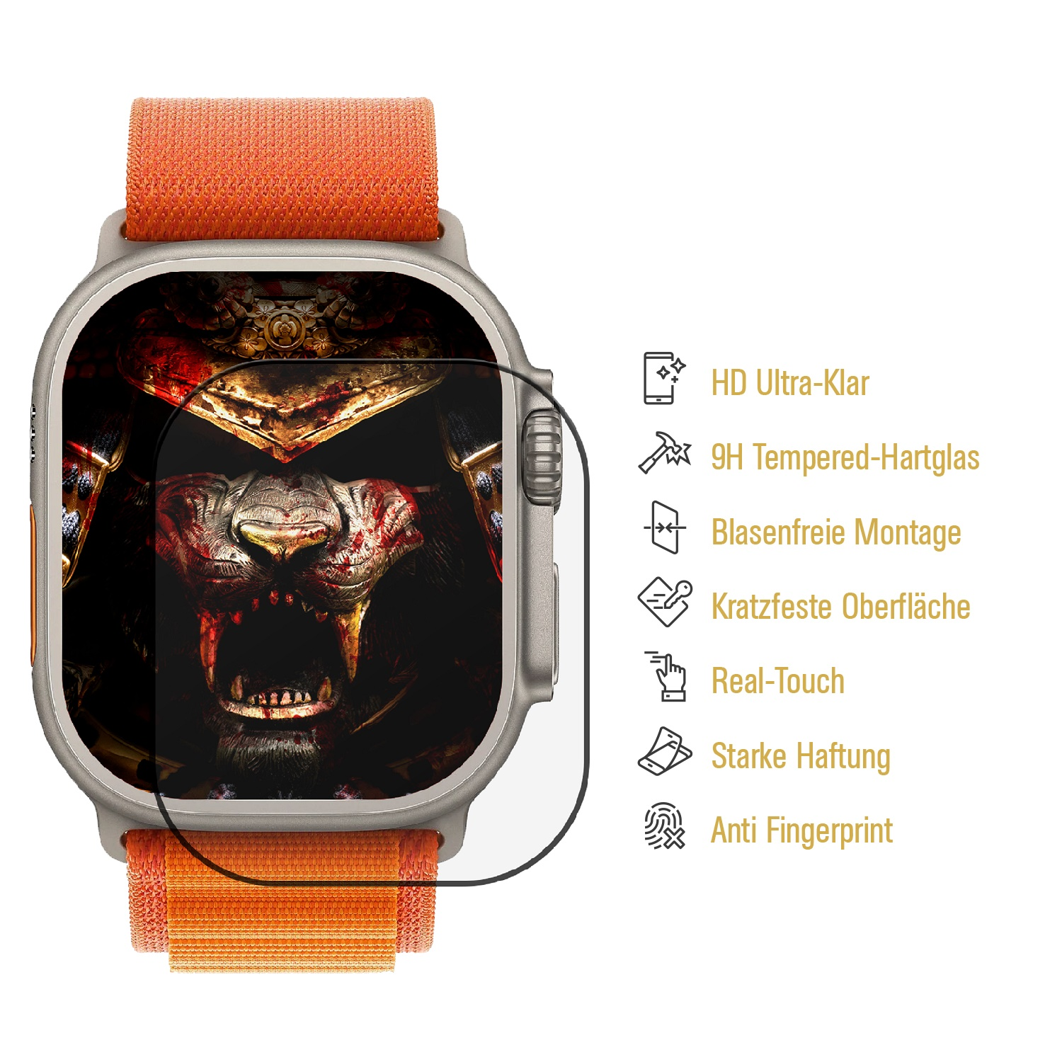 Smartwatch mit orangefarbenem Armband und einem blutigen Löwenkopf-Display.