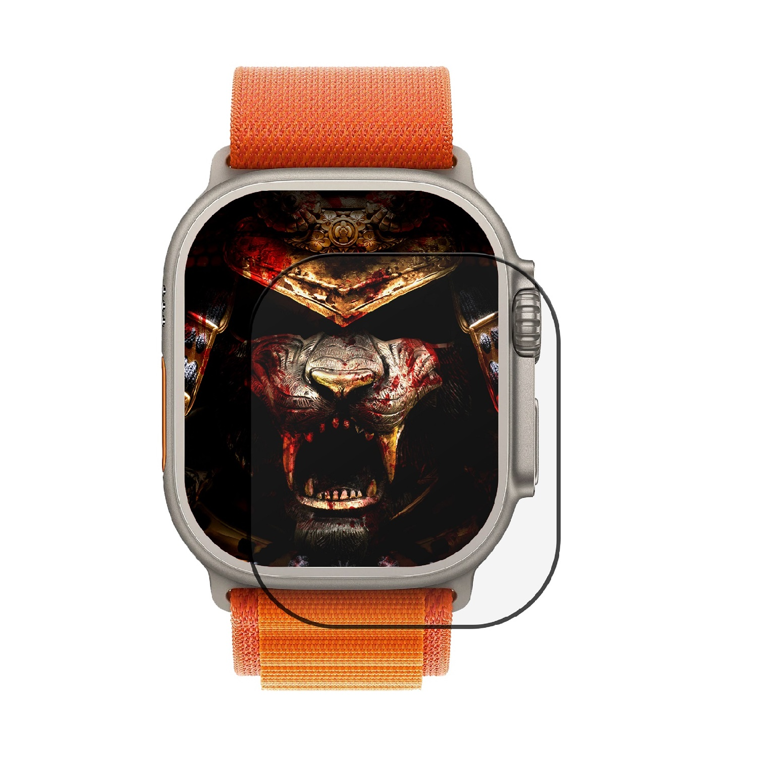 Eine Uhr mit orangefarbenem Armband zeigt ein blutiges Kriegergesicht mit Helm.