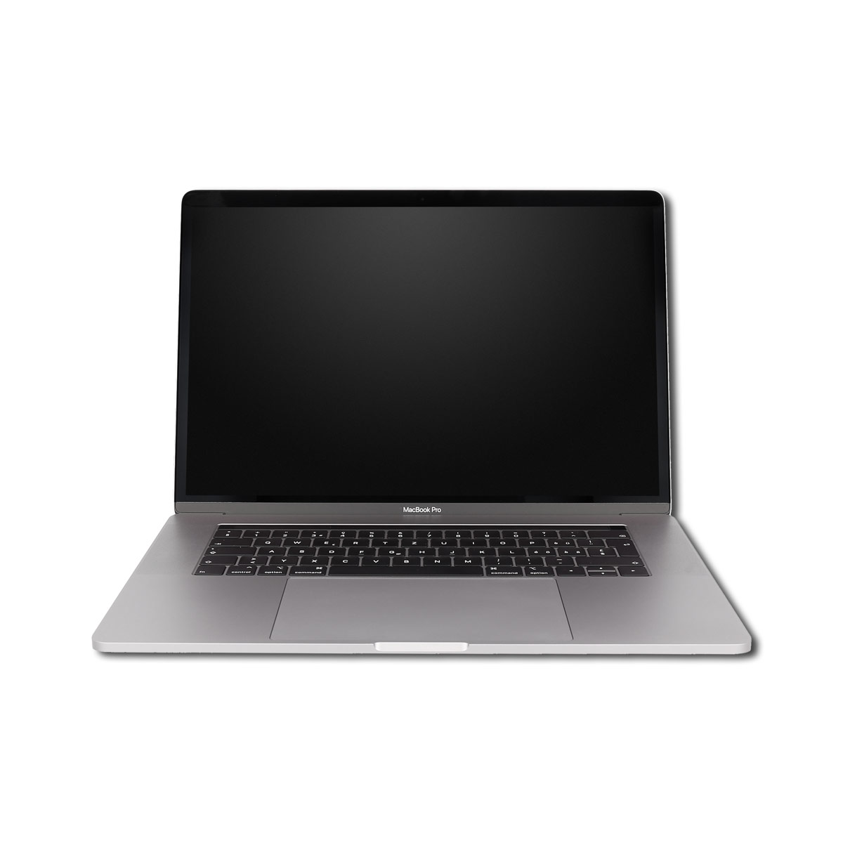 Ein silberner MacBook Pro Laptop mit schwarzem Bildschirm und Tastatur steht auf weißem Grund.