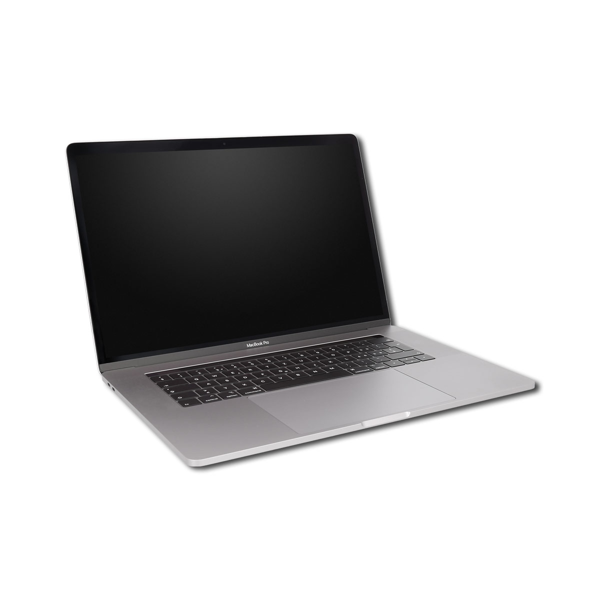 Ein silberner MacBook Pro Laptop mit leerem schwarzem Bildschirm.