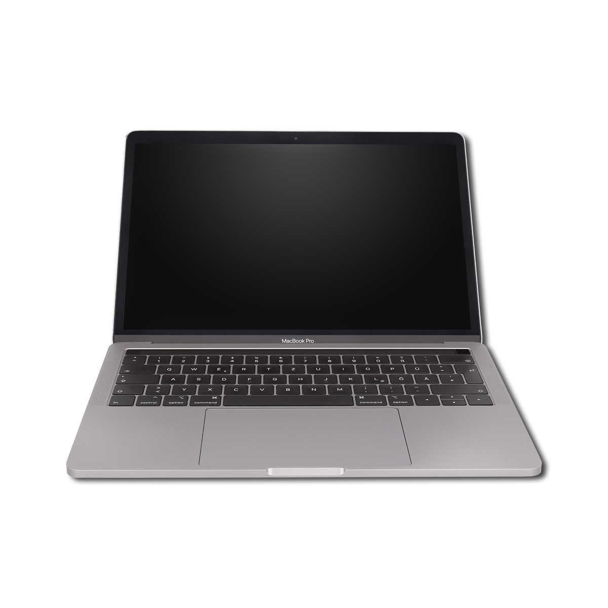 Ein silberner MacBook Pro Laptop mit leerem, dunklem Bildschirm und Tastatur.