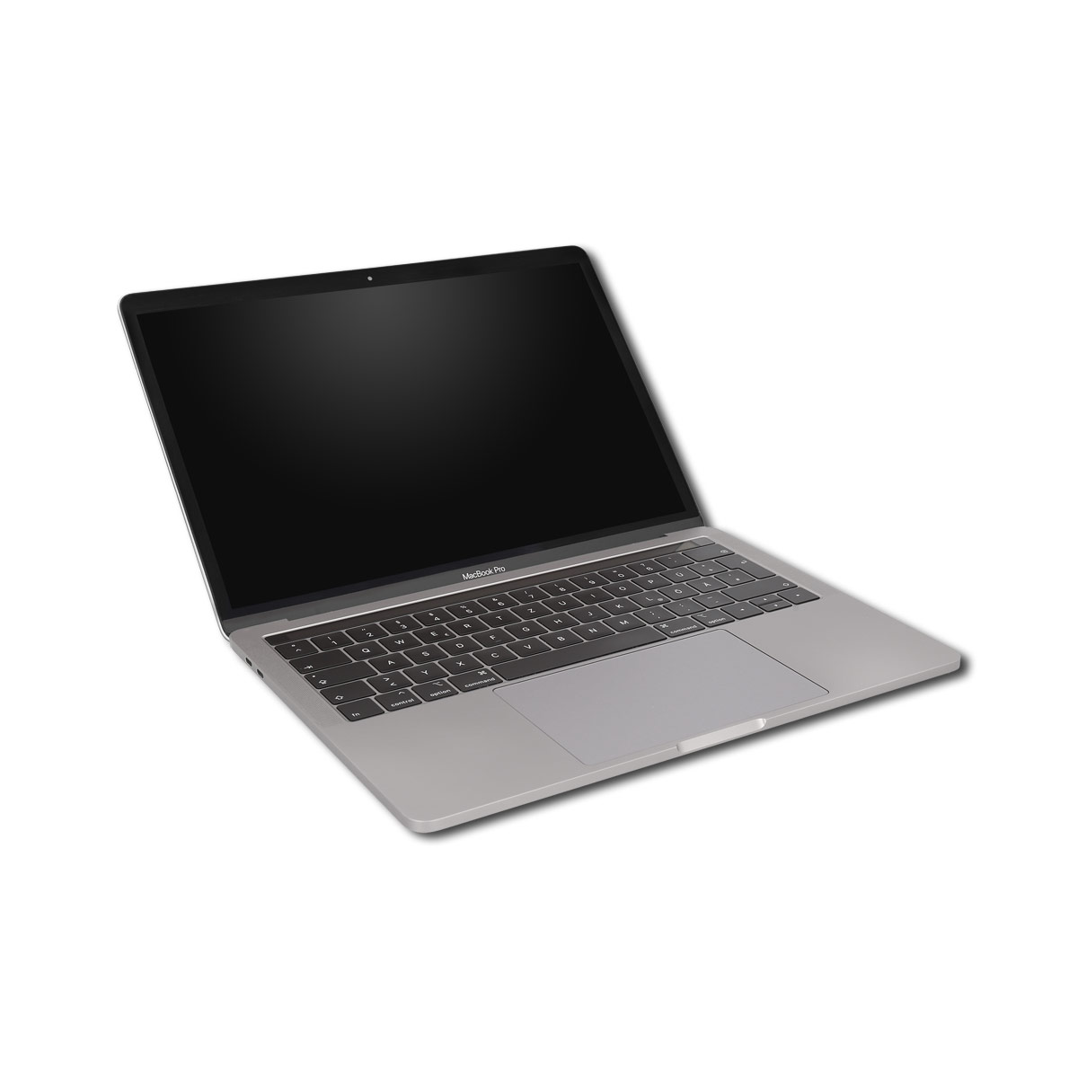 Ein silberner MacBook Pro Laptop mit schwarzem Bildschirm ist geöffnet.