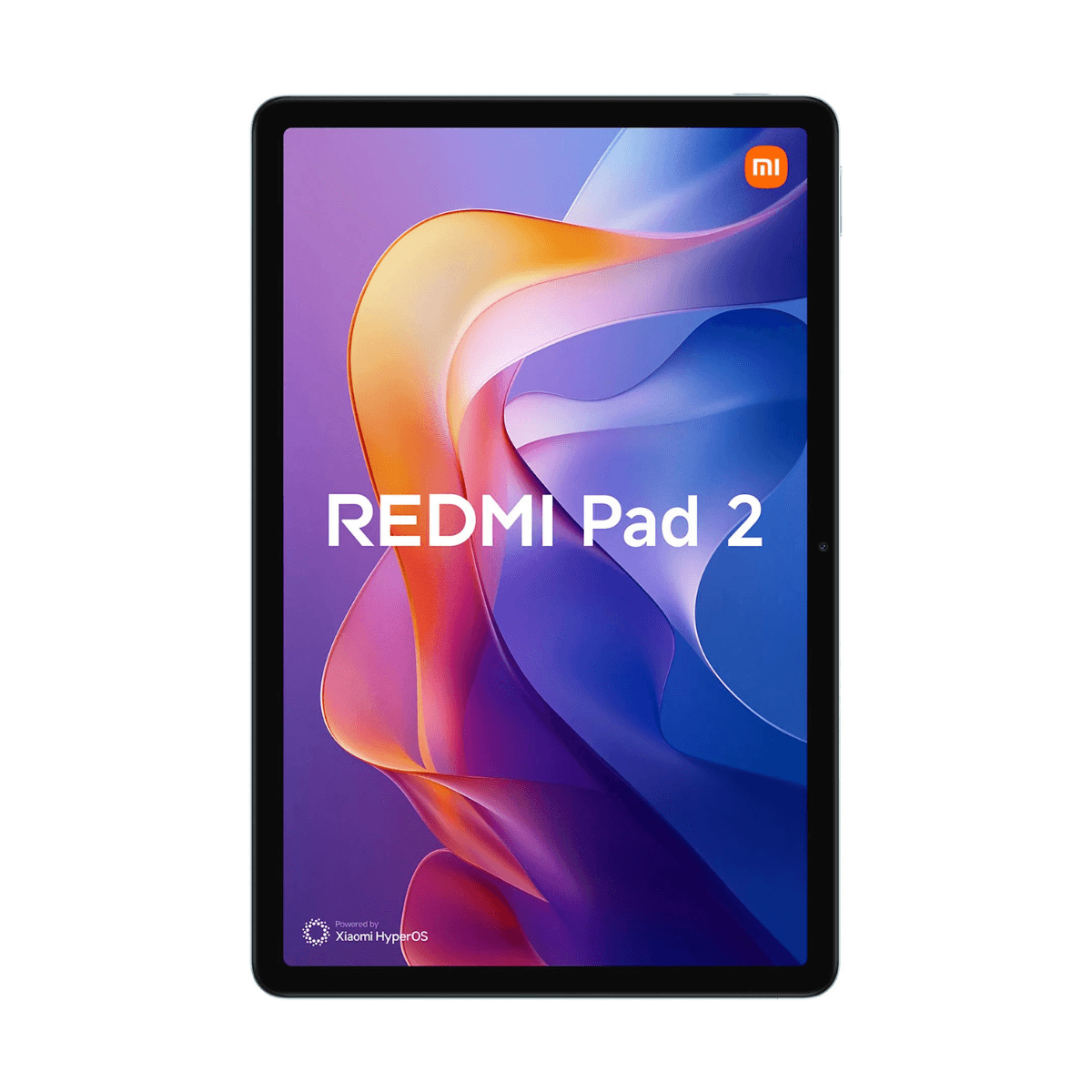 Ein schwarzes Tablet mit dem Namen REDMI Pad 2 und einem bunten Hintergrundbild.