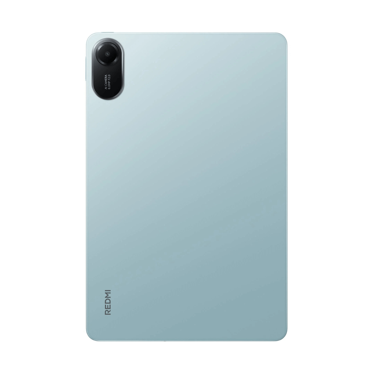 Rückseite eines hellblauen Tablets mit Kameramodul und Redmi-Logo.