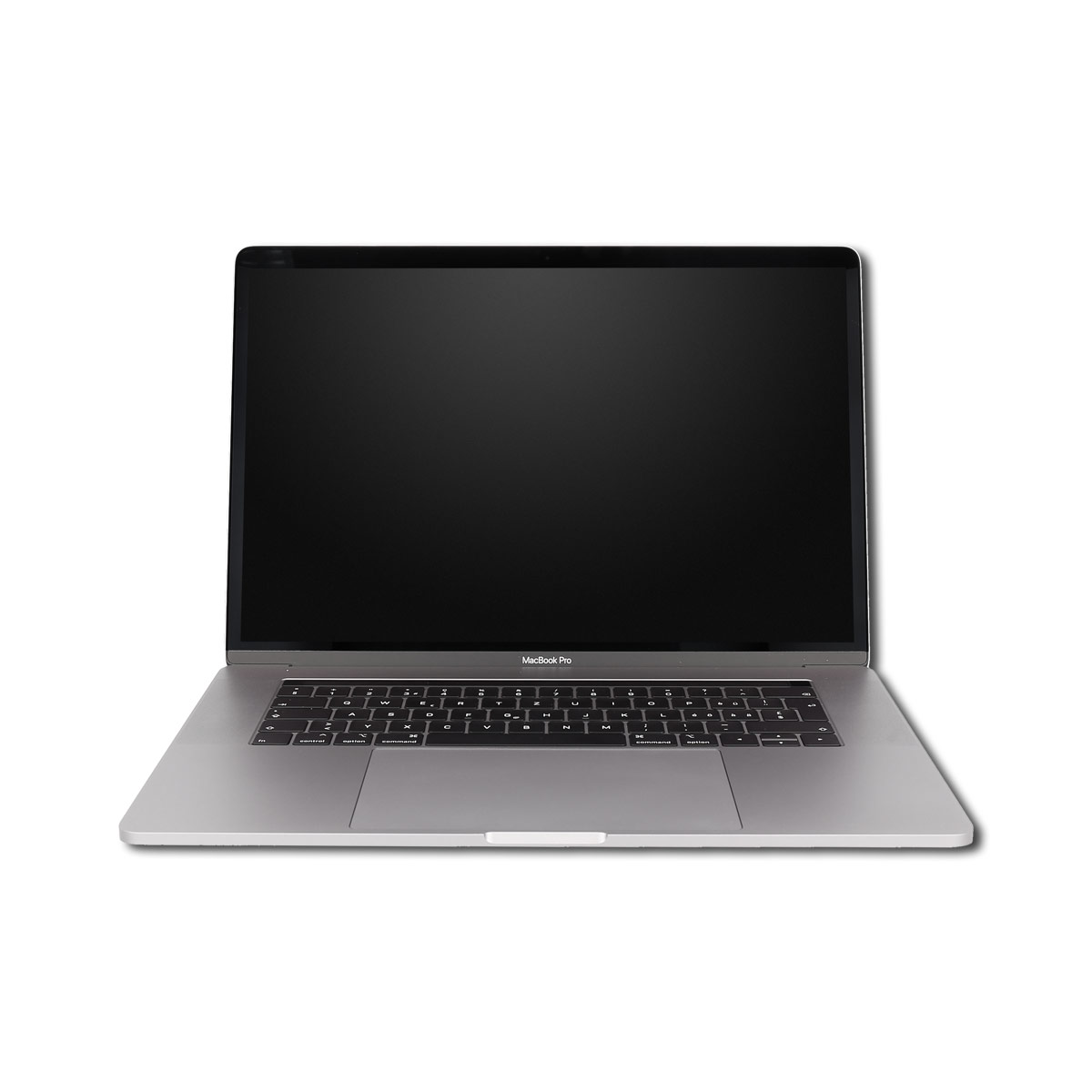Ein offenes silbernes MacBook Pro mit dunklem Bildschirm und Tastatur.