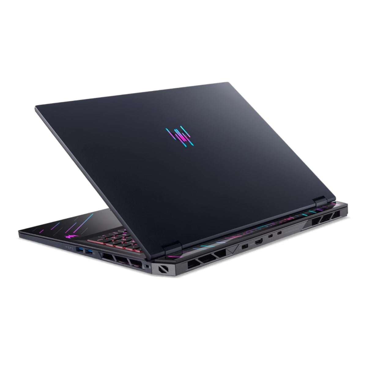 Ein dunkler Laptop mit beleuchteter Tastatur und Logo.