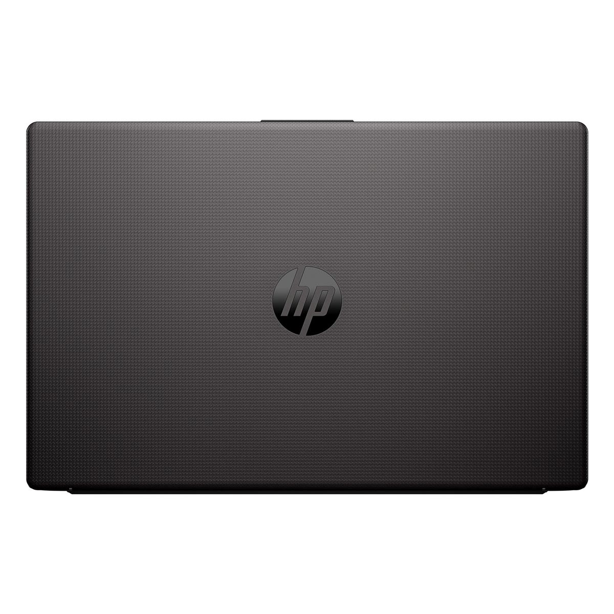 Zamknięty czarny laptop HP z teksturowaną pokrywą i logo.