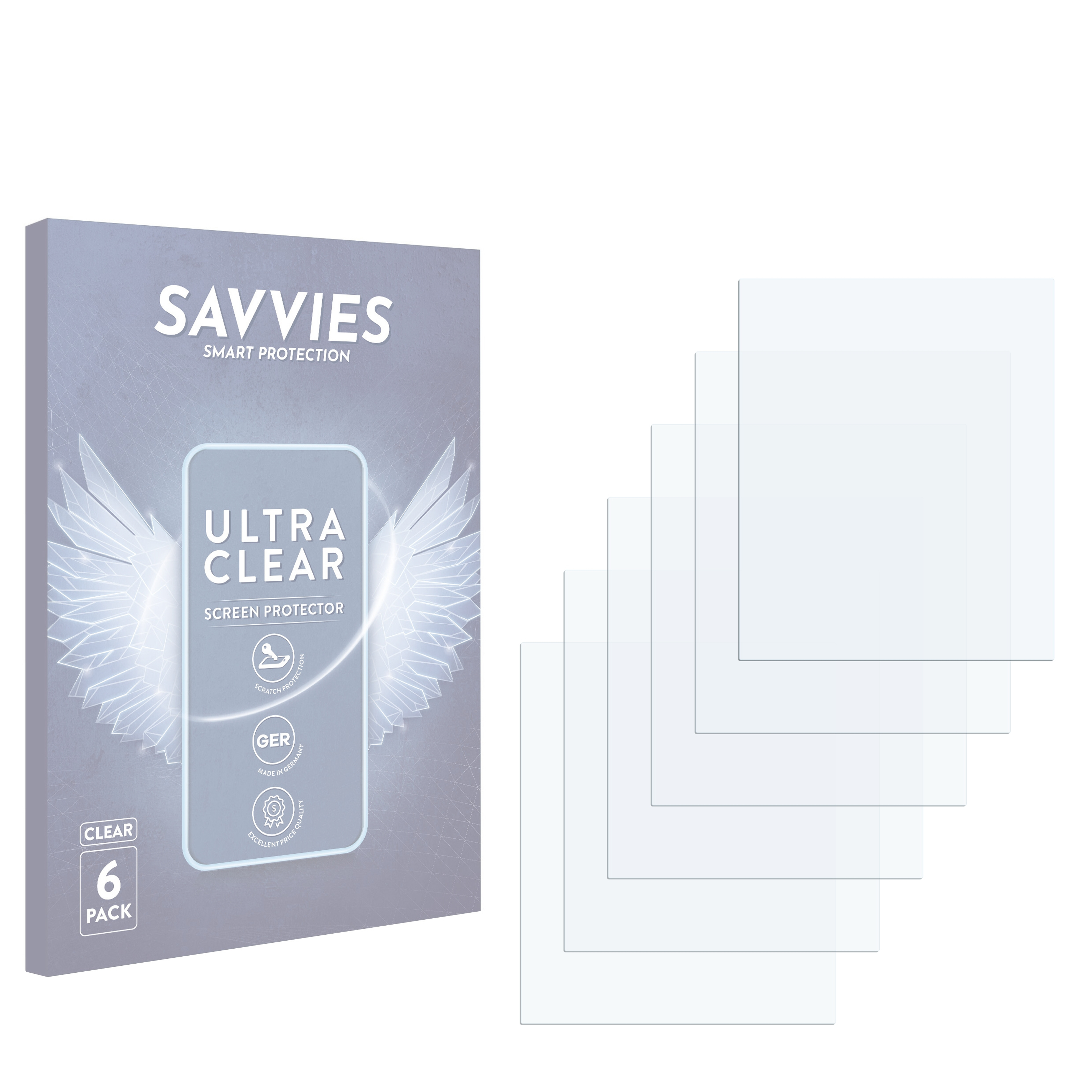 Verpackung mit 6 Displayschutzfolien von Savvies, Ultra Clear.