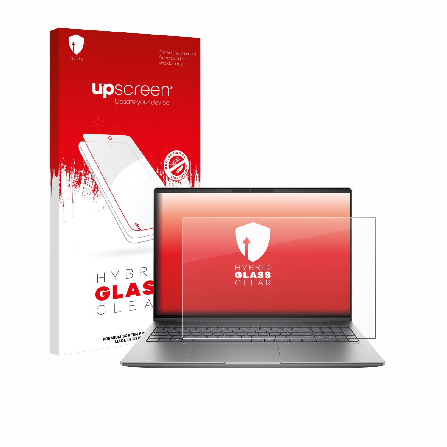 Laptop mit Displayschutzfolie und Verpackung. Rote Verpackung mit „upscreen“ Logo.