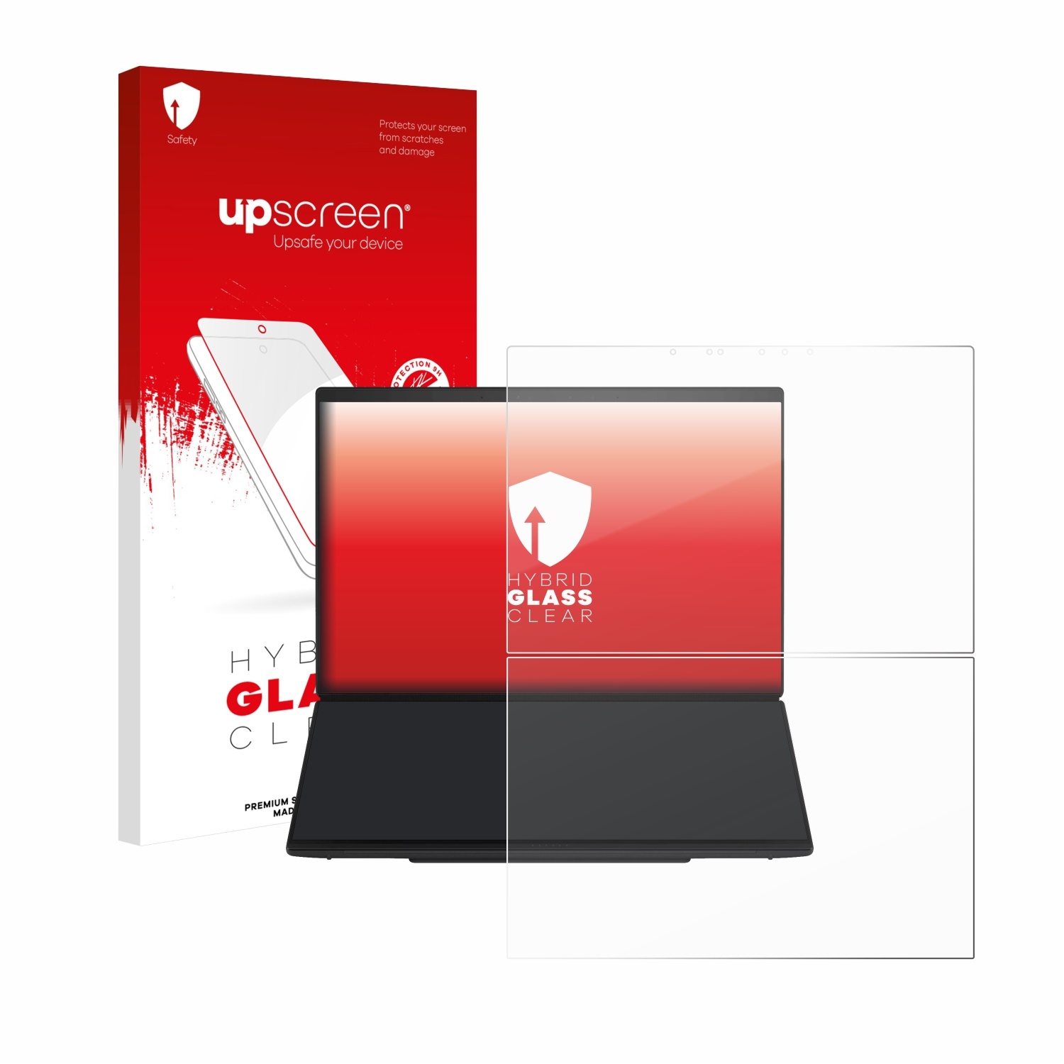 Upscreen-Verpackung und Displayschutzfolie für ein Laptopdisplay.