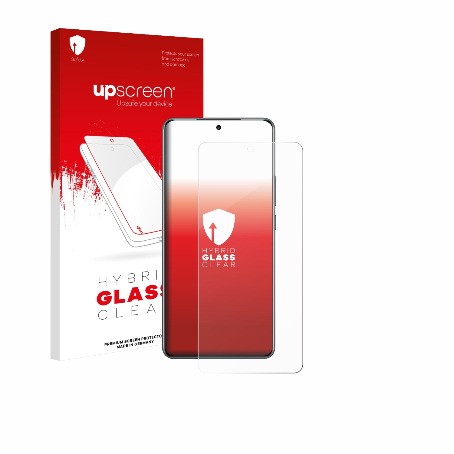 Verpackung und Displayschutzfolie für ein Smartphone. Rot-weiße Verpackung, klare Folie.